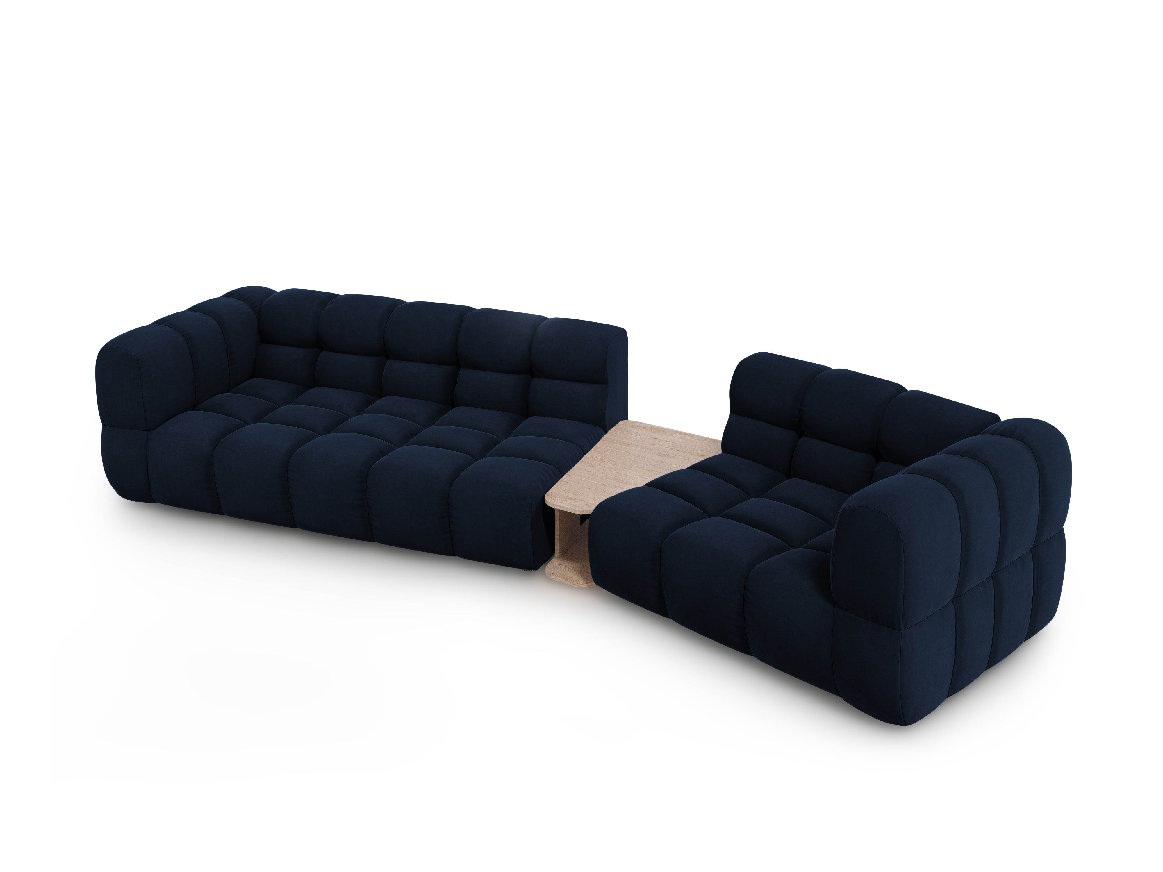 Sofa aksamitna prawostronna 3-osobowa zaokrąglona ze stolikiem SKY granat królewski Cosmopolitan Design Eye on Design