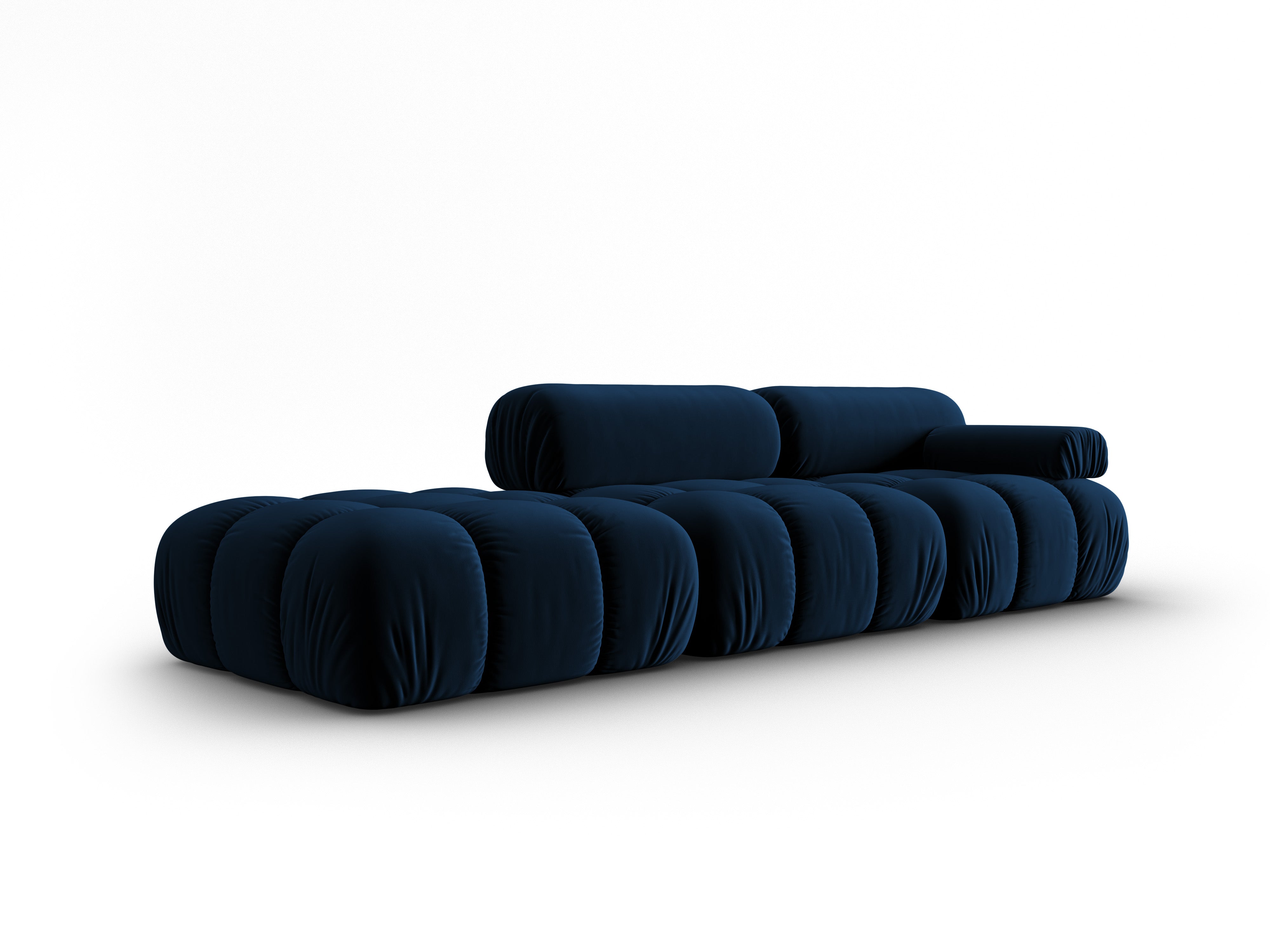 Sofa z aksamitného materiálu, 3-osobová, otevřená, levostranná, CORTINA v královské modré barvě.