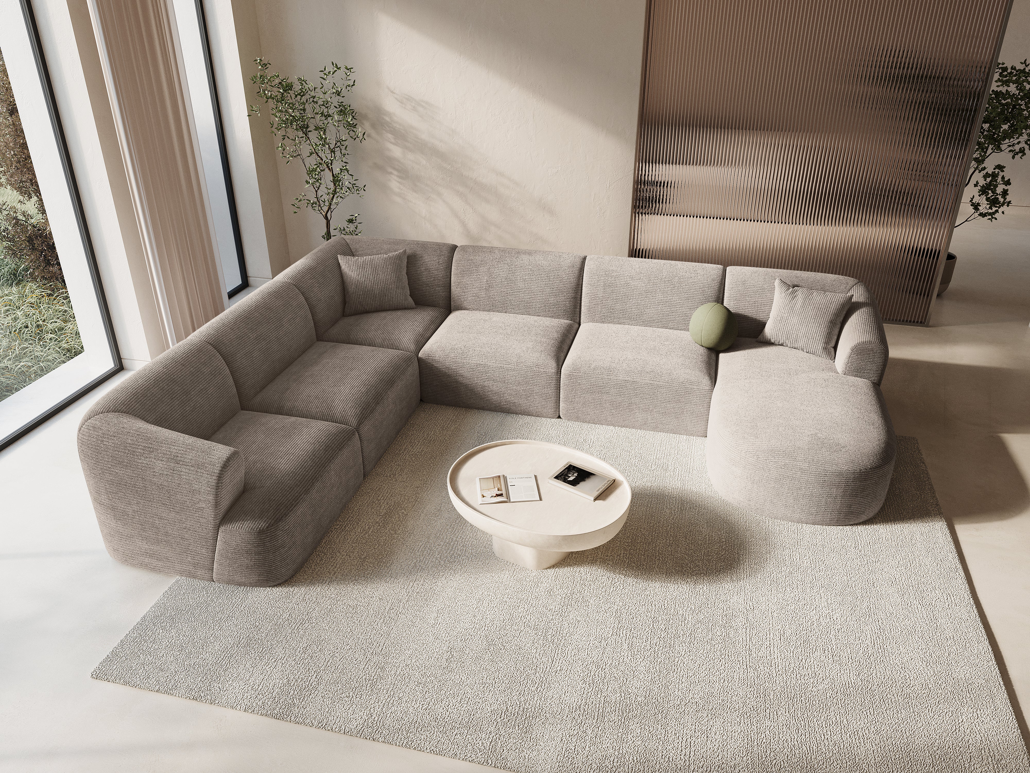 Left-sided panoramic corner sofa for 7 people CAMPI beige corduroy