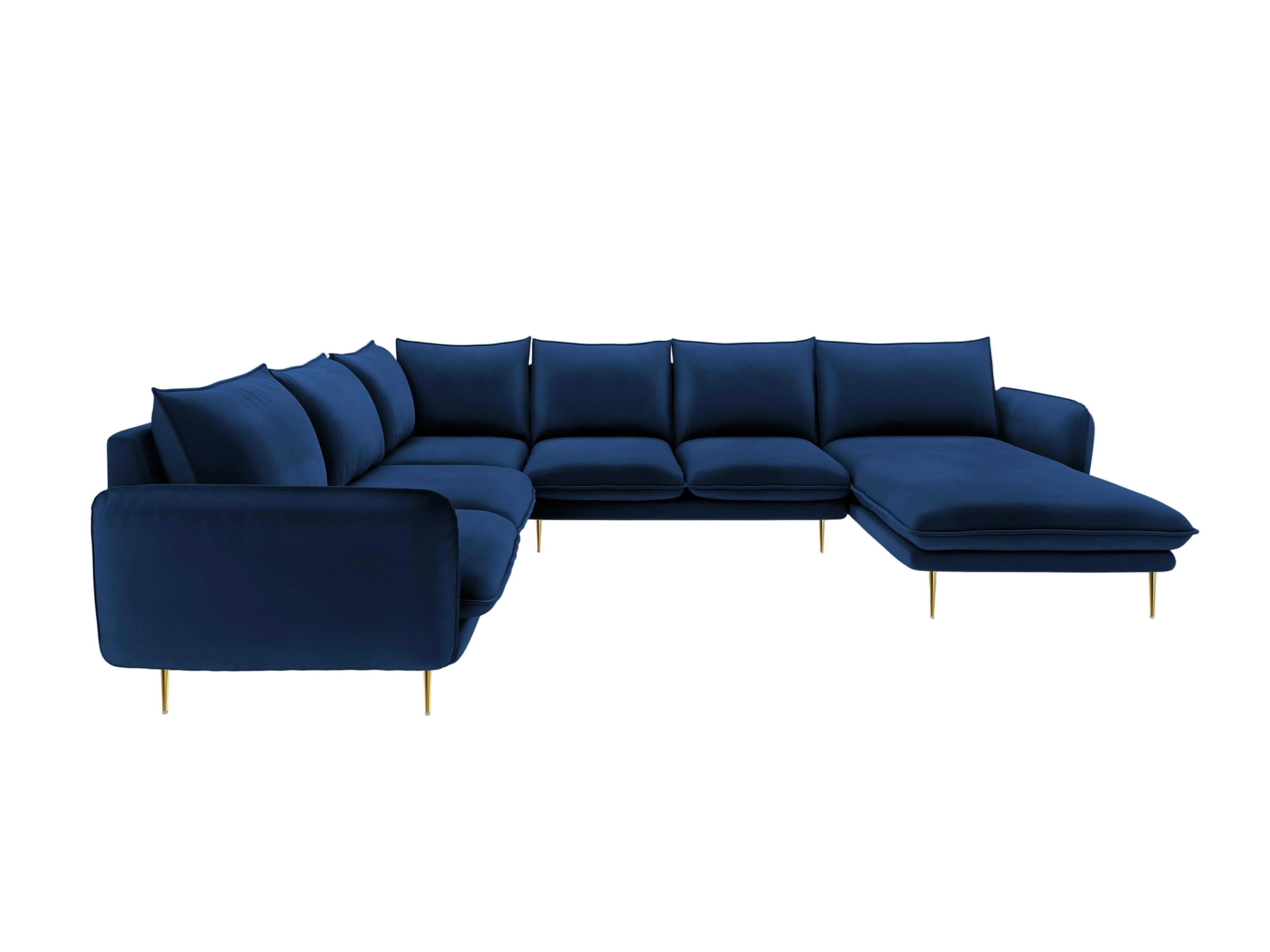 Left-facing velvet panoramic corner sofa for 7 people VIENNA in royal blue with a gold base