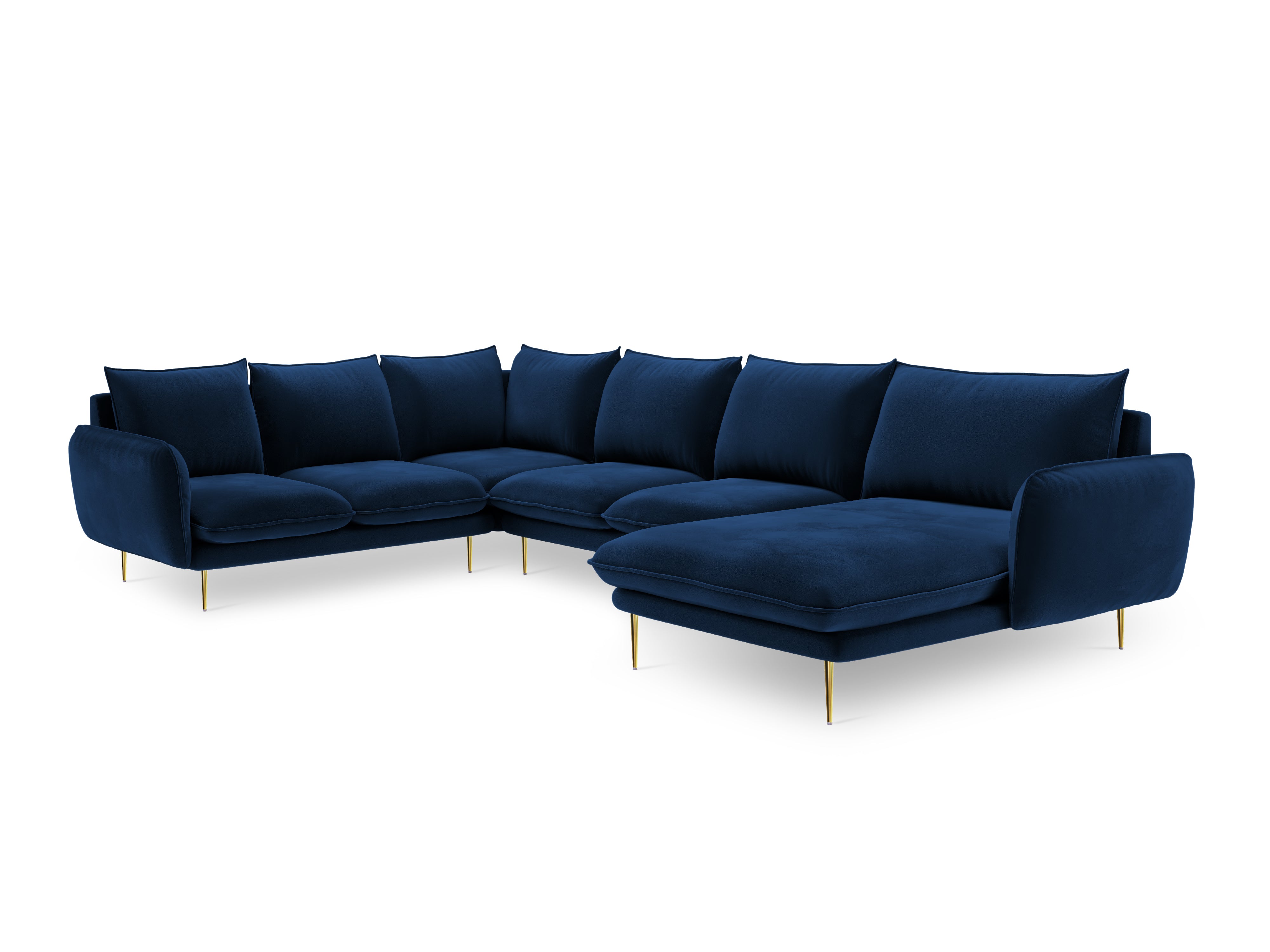 Left-facing velvet panoramic corner sofa for 7 people VIENNA in royal blue with a gold base