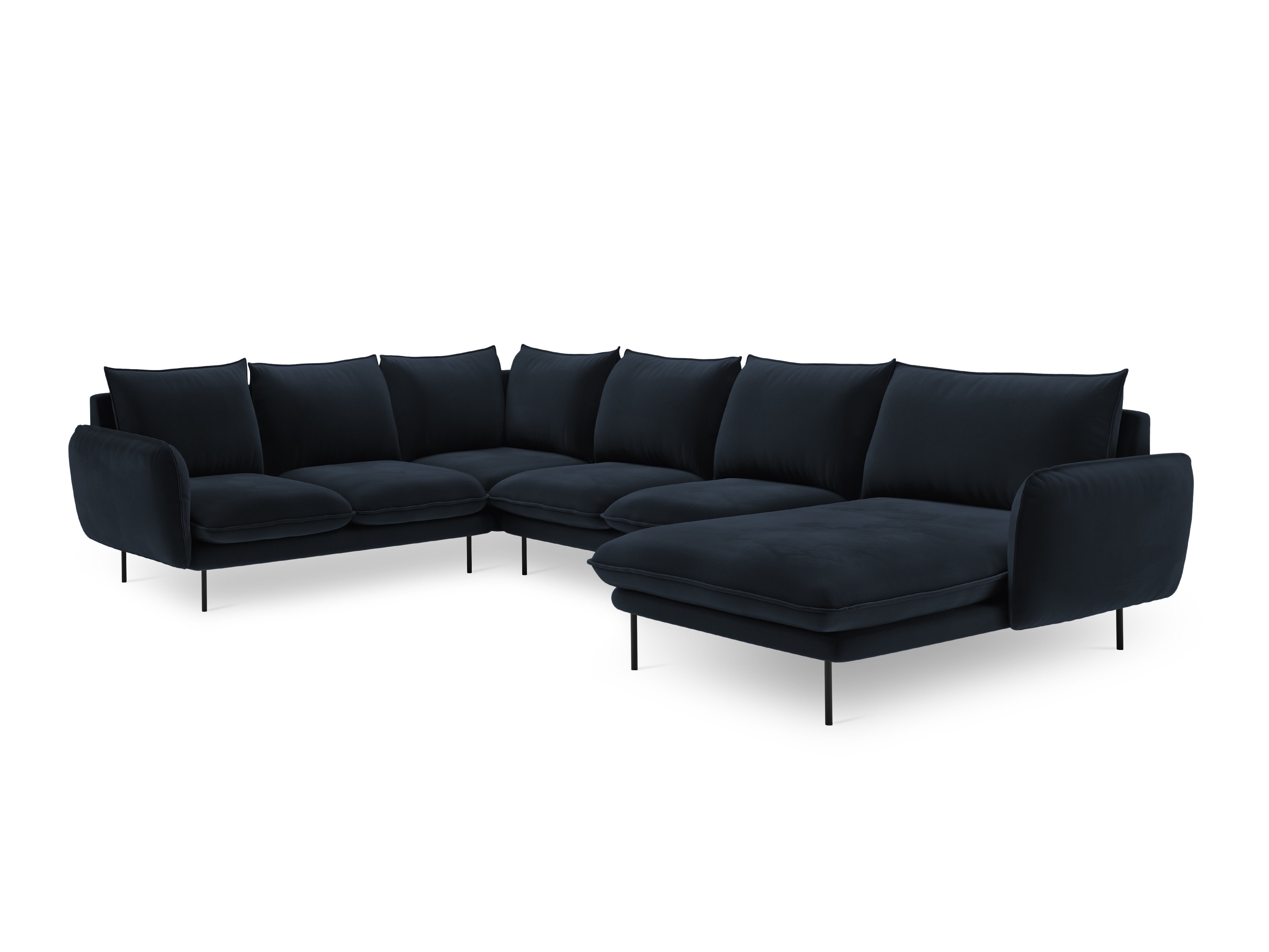 Narożnik panoramiczny aksamitny lewostronny 7-osobowy VIENNA ciemnoniebieski z czarną podstawą – sofa narożna