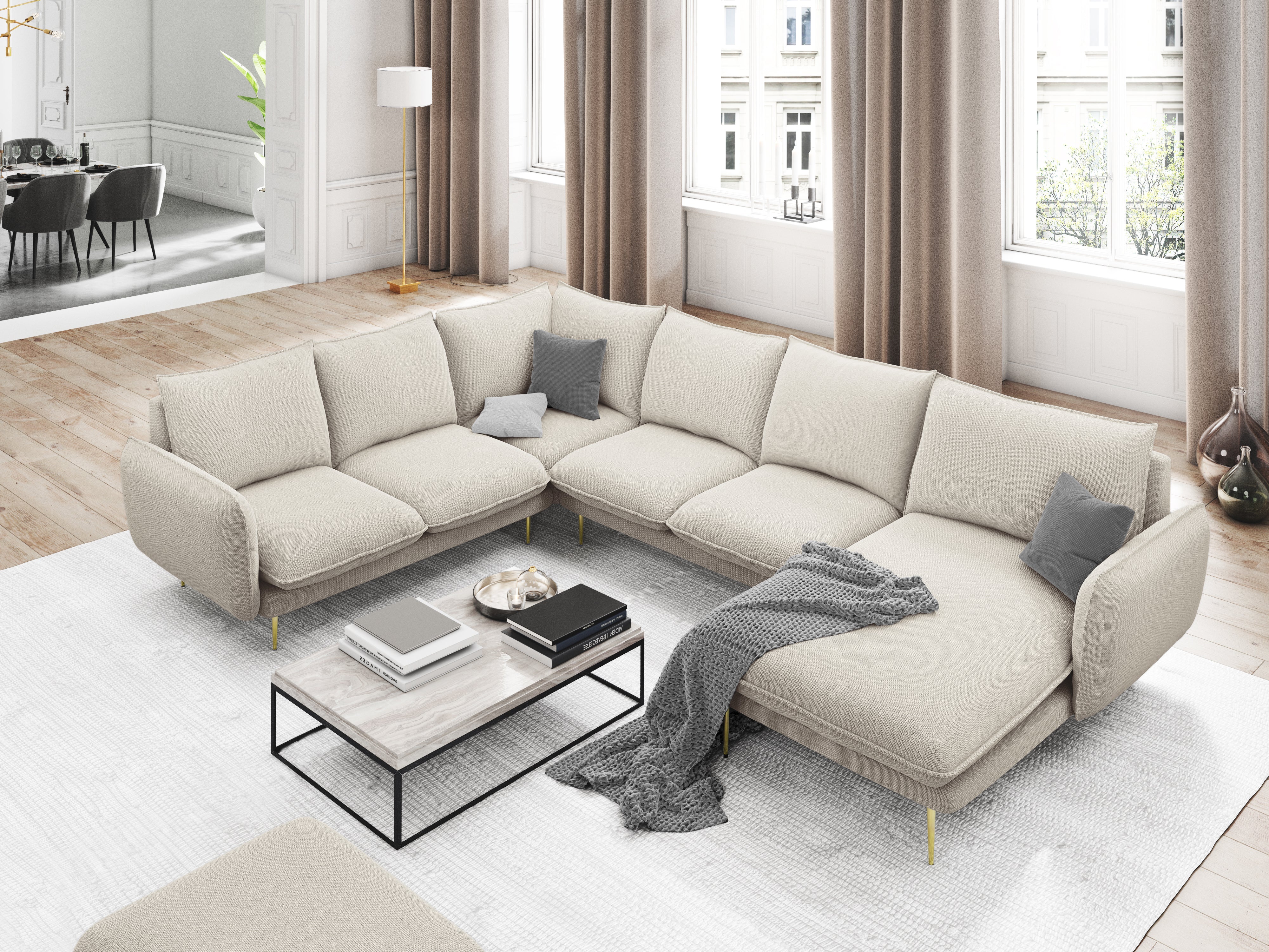 Panoramic Velvet Left-Facing Sofa for 7 People VIENNA Light Blue with Gold Base