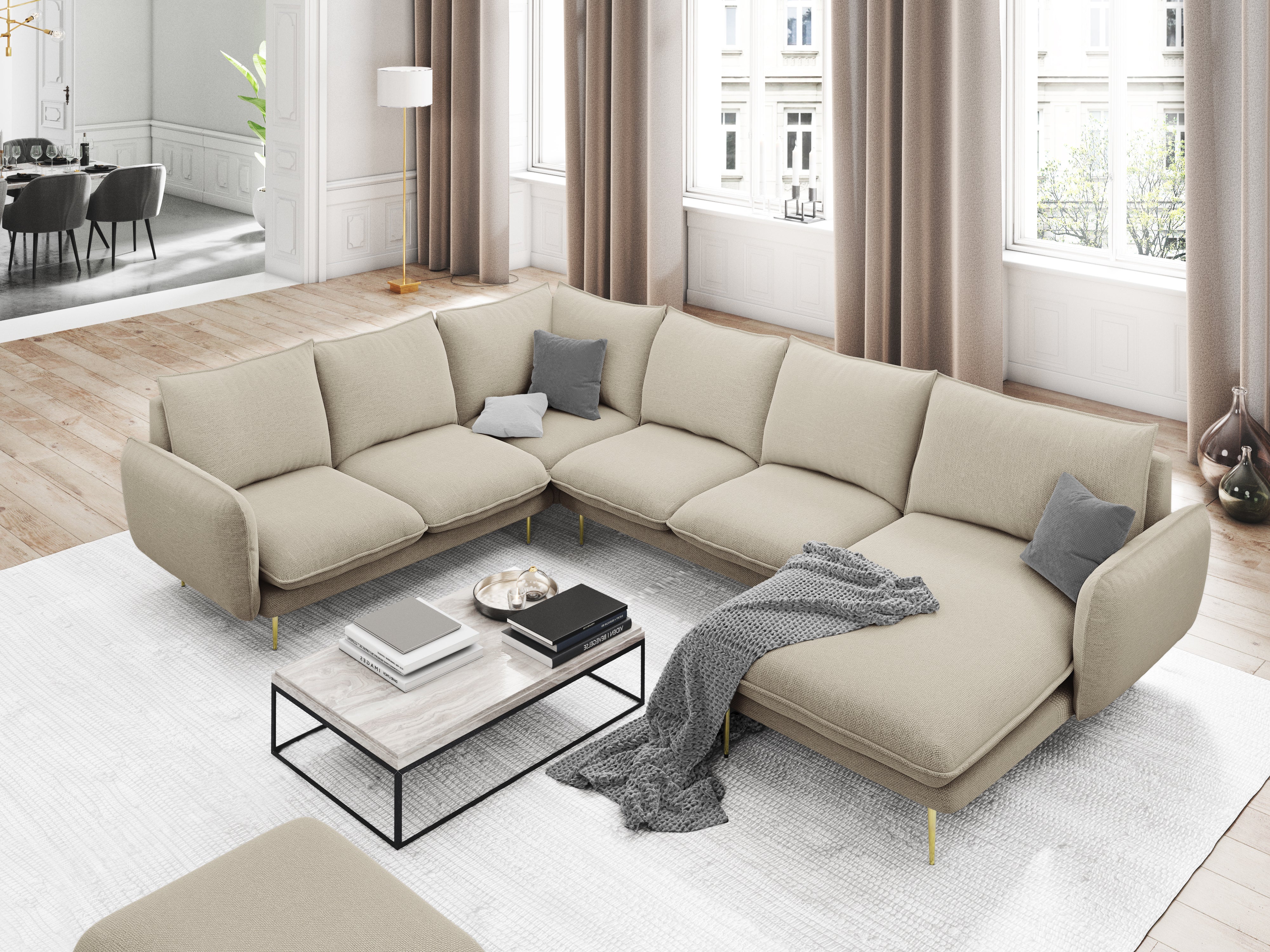 Panoramic Velvet Corner Sofa Right-Handed 7-Seater VIENNA Dark Blue with Black Base