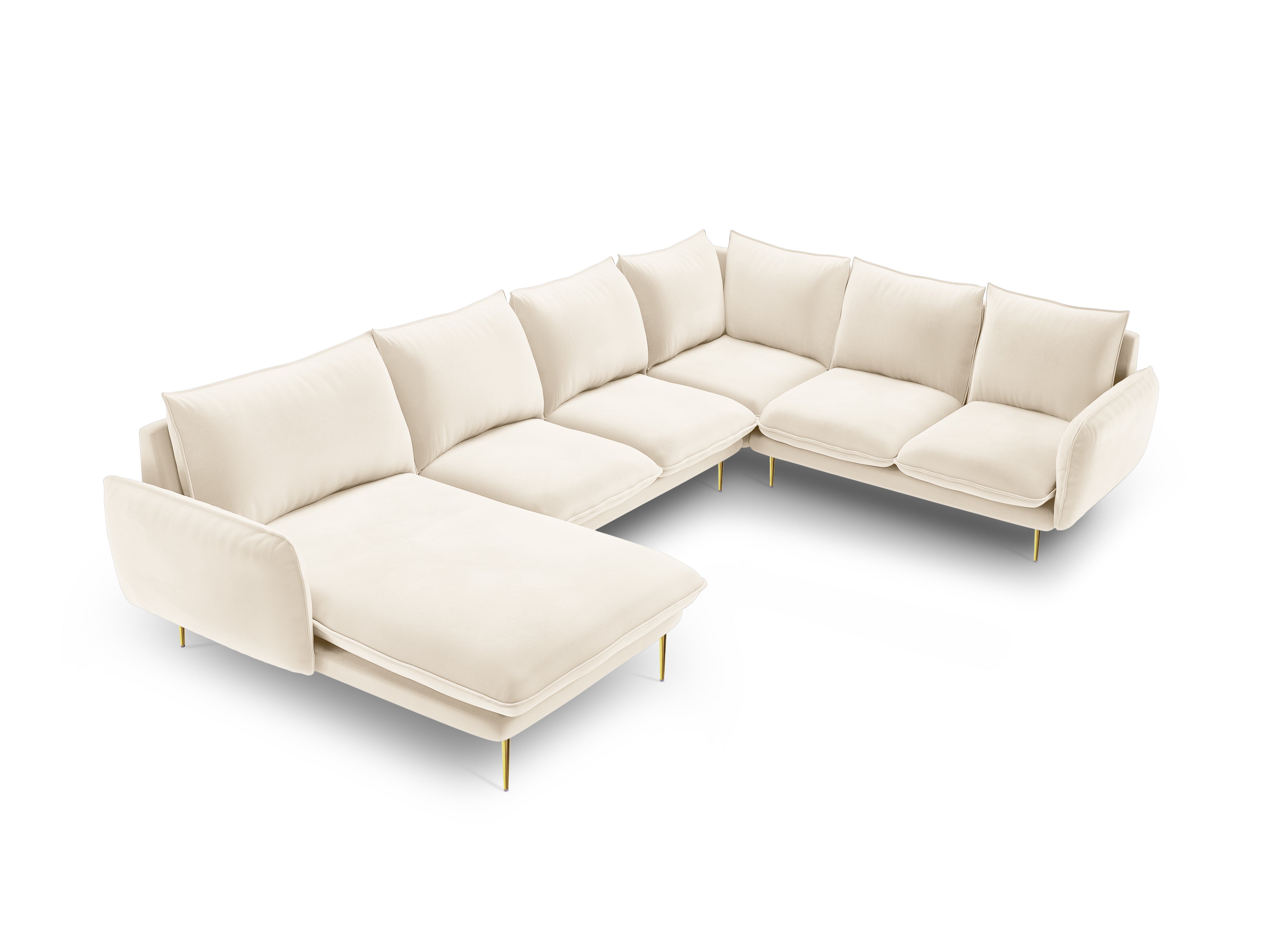 Beige velvet right-facing panoramic corner sofa for seven people VIENNA with a golden base
