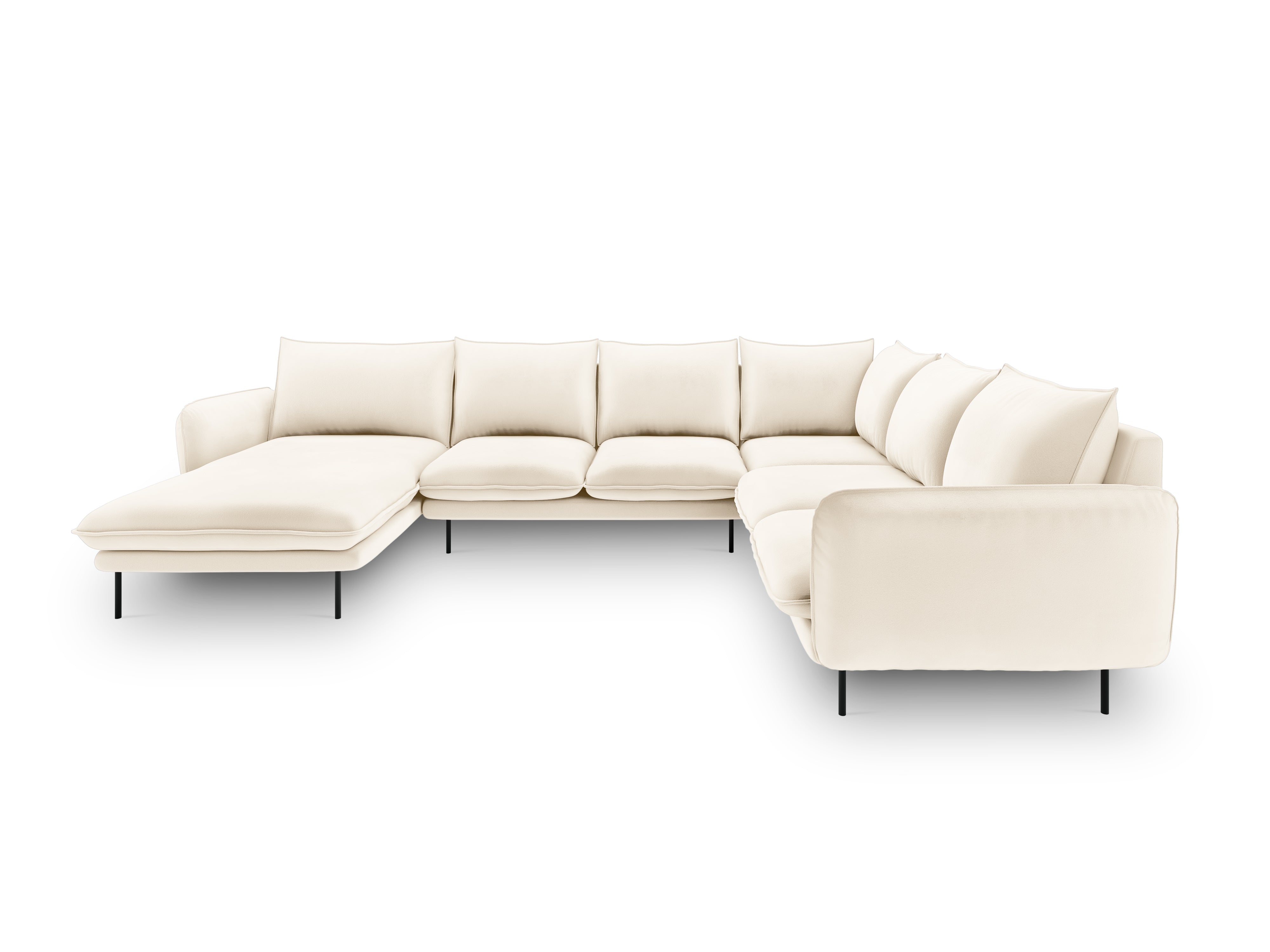 Beige right-facing velvet panoramic corner sofa for seven people VIENNA with a black base