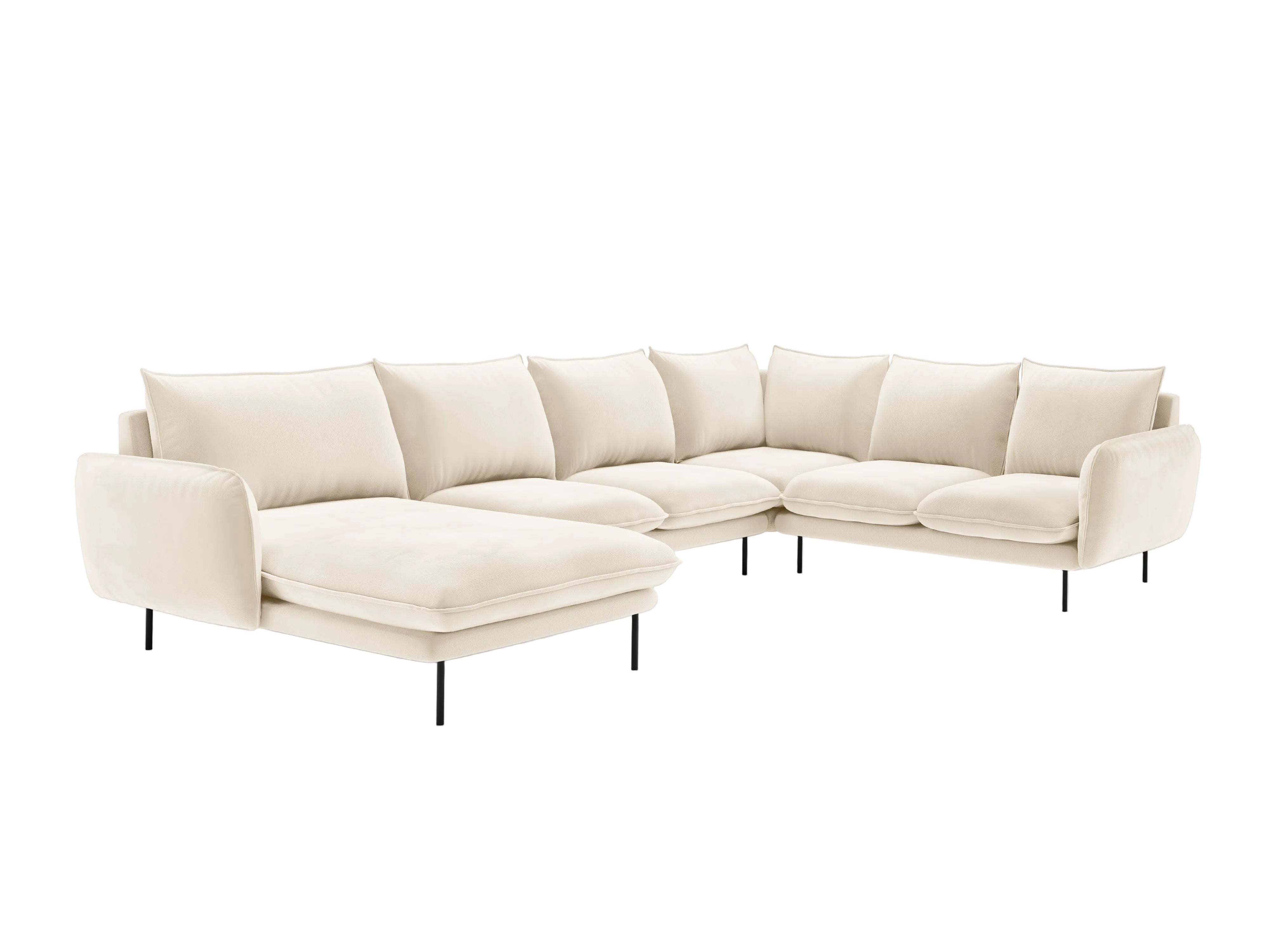 Beige right-facing velvet panoramic corner sofa for seven people VIENNA with a black base