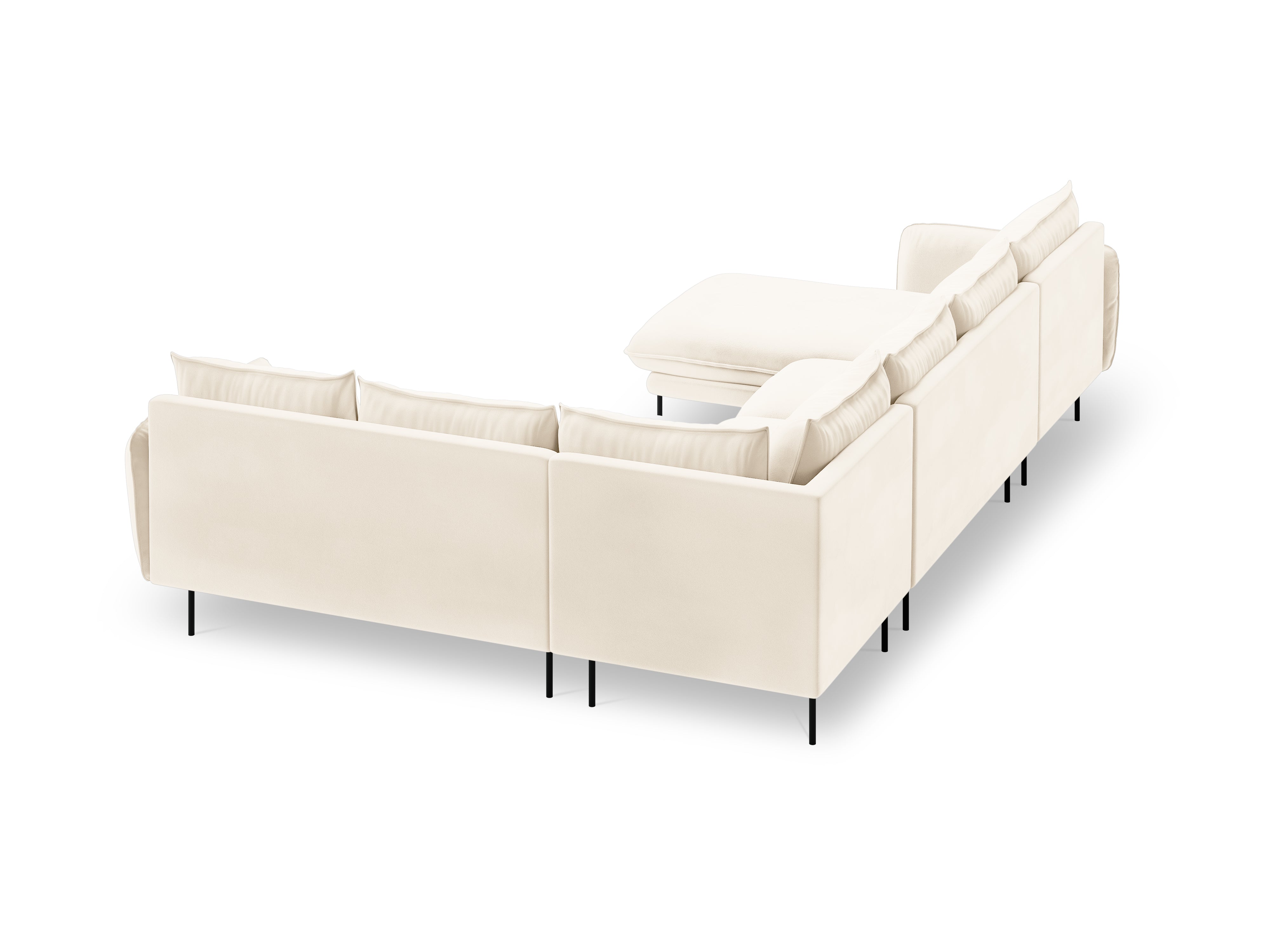 Beige right-facing velvet panoramic corner sofa for seven people VIENNA with a black base