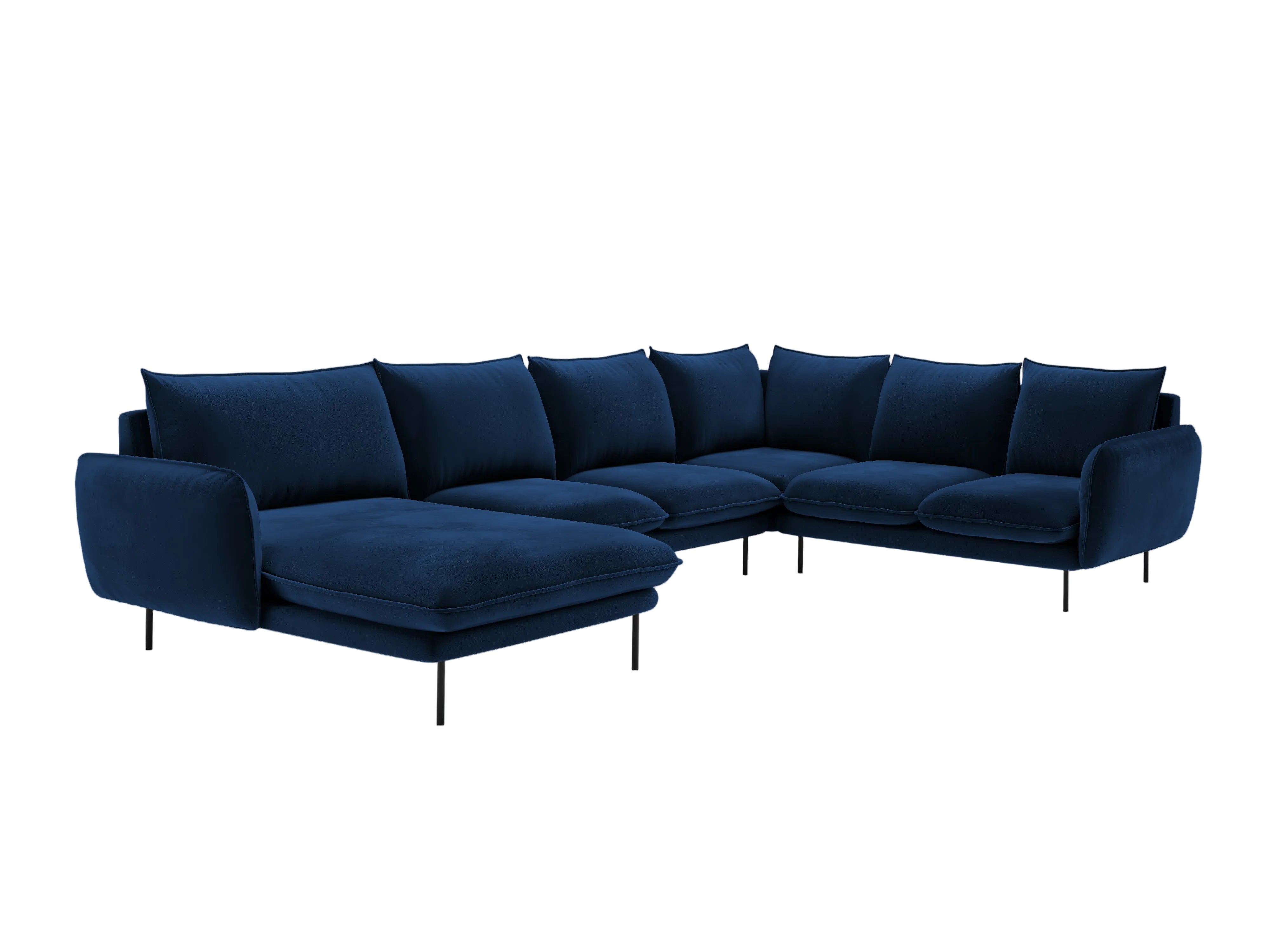 Royal blue velvet right-facing panoramic corner sofa for 7 people VIENNA with a black base