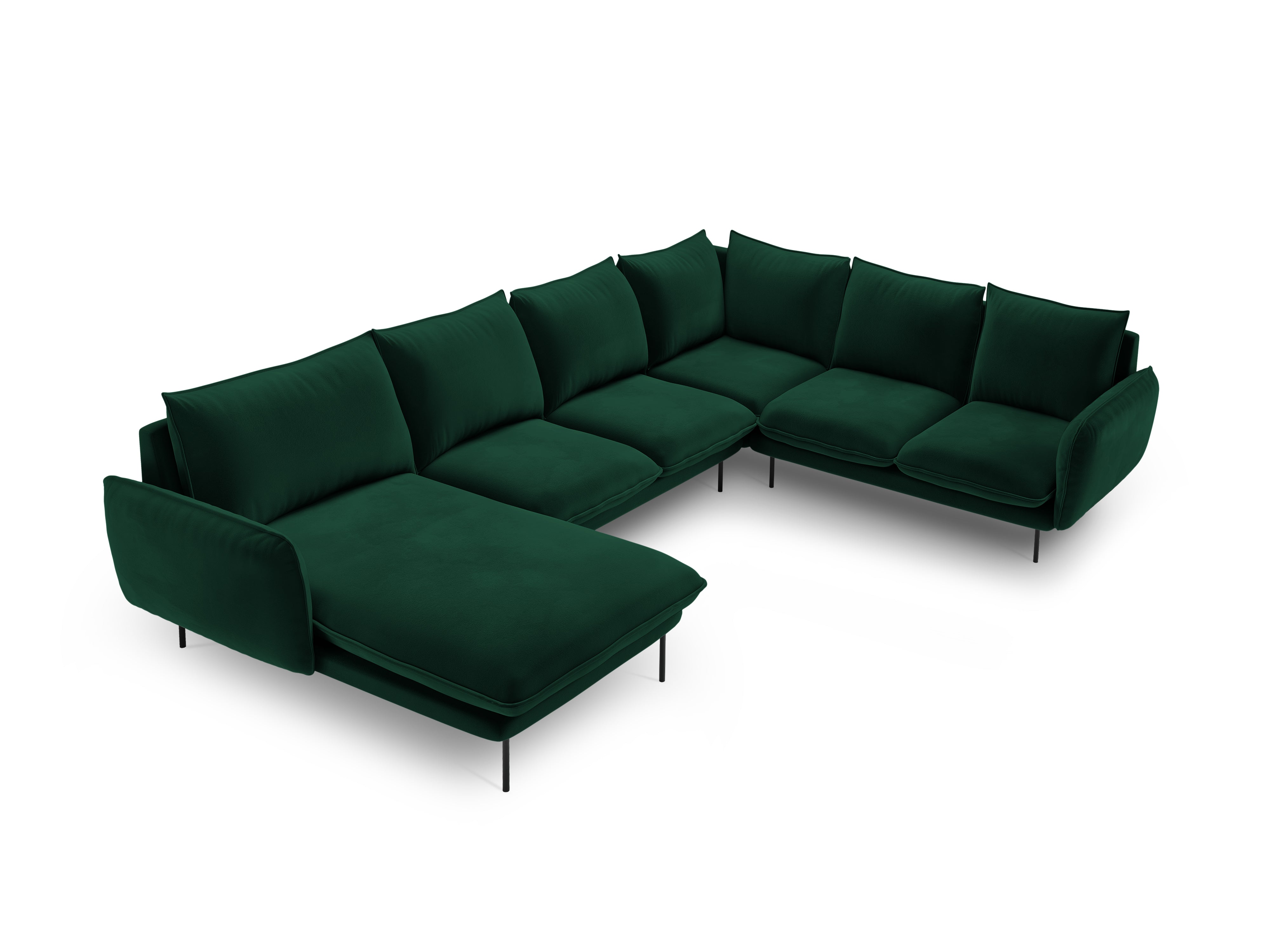 Velvet panoramic corner sofa, right-facing, 7-seater, VIENNA, bottle green with black base