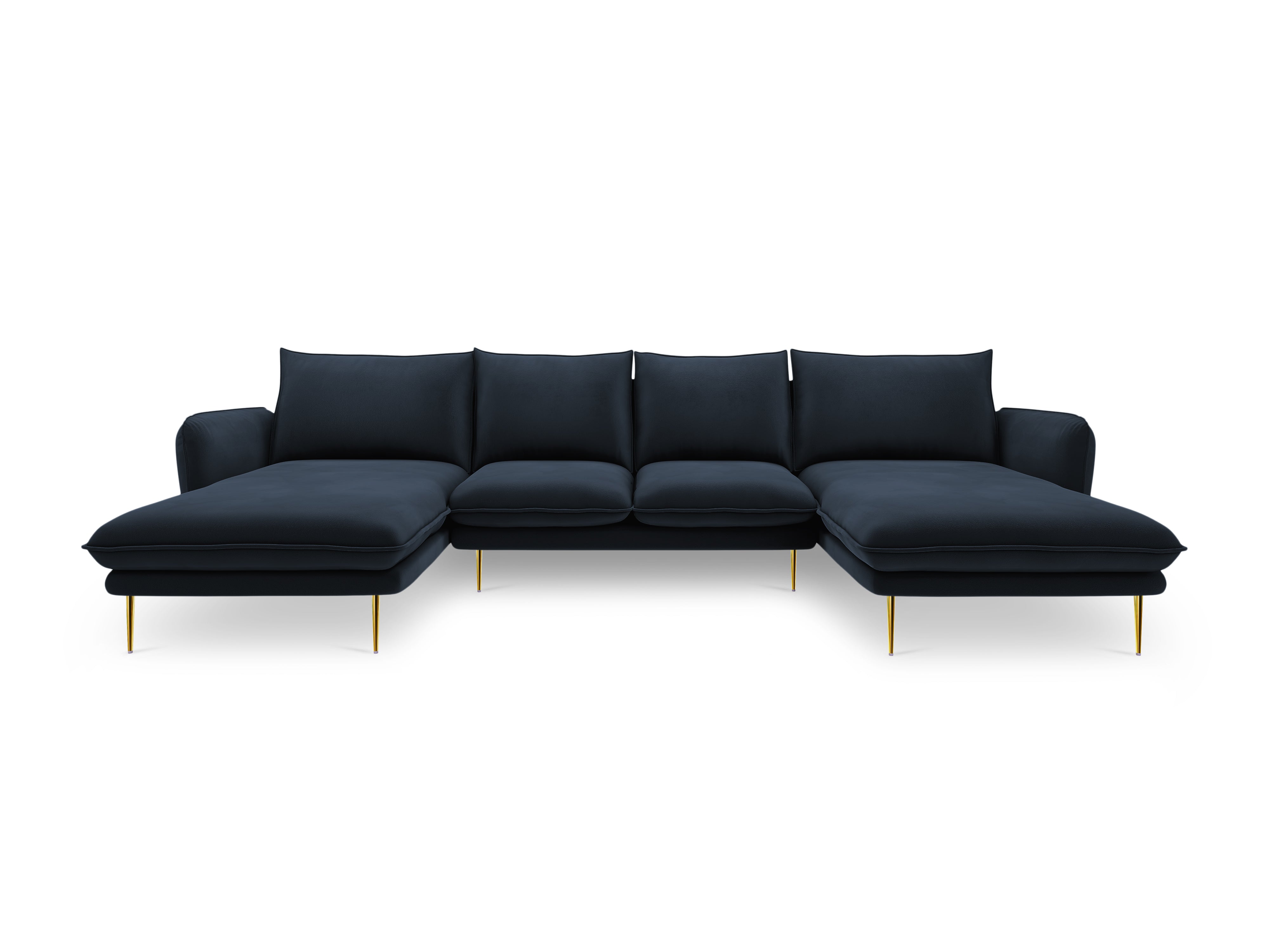 Sofa panoramatická sametová pro 6 osob VIENNA tmavě modrá se zlatým podstavcem