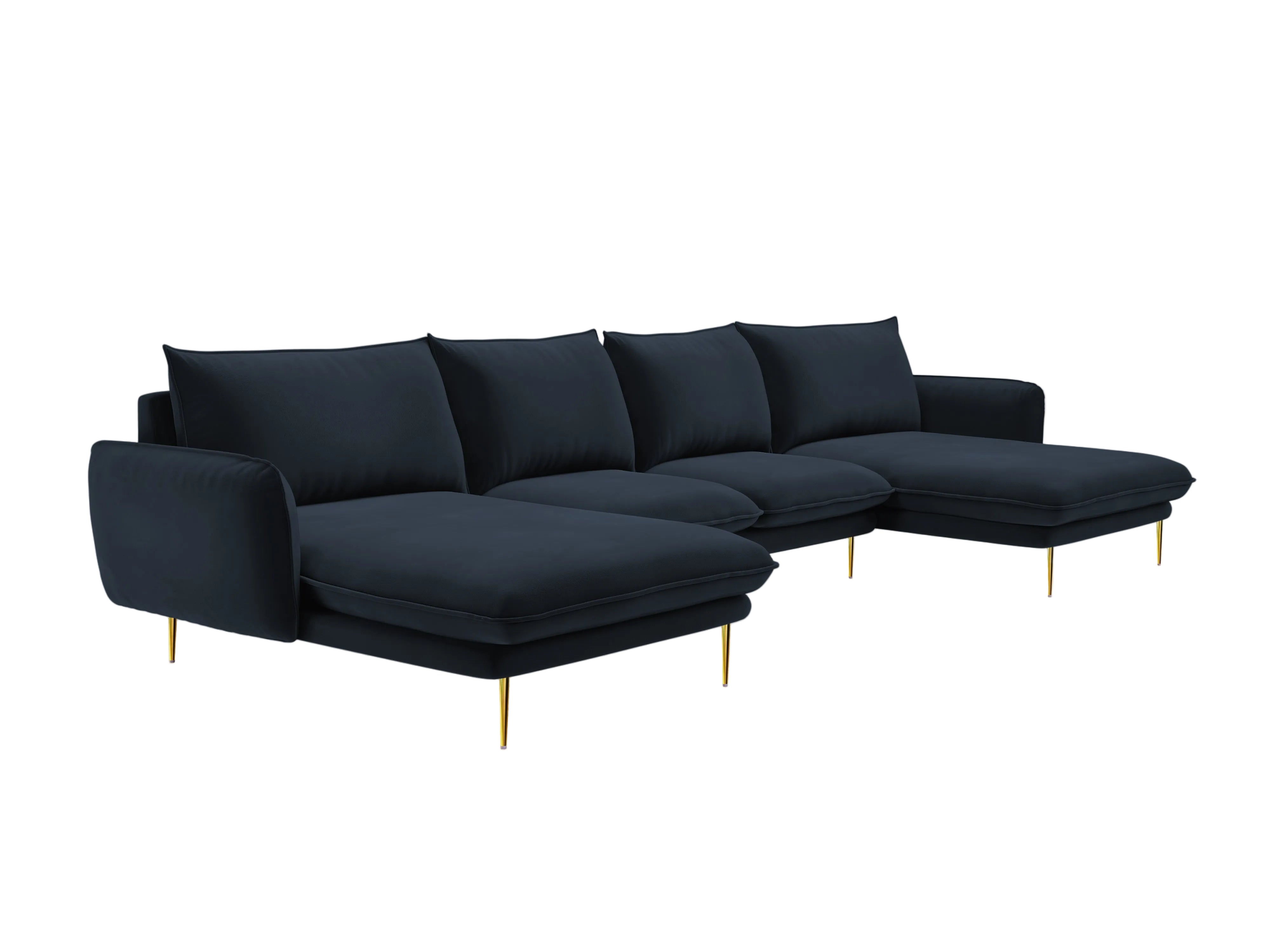 Sofa panoramatická sametová pro 6 osob VIENNA tmavě modrá se zlatým podstavcem