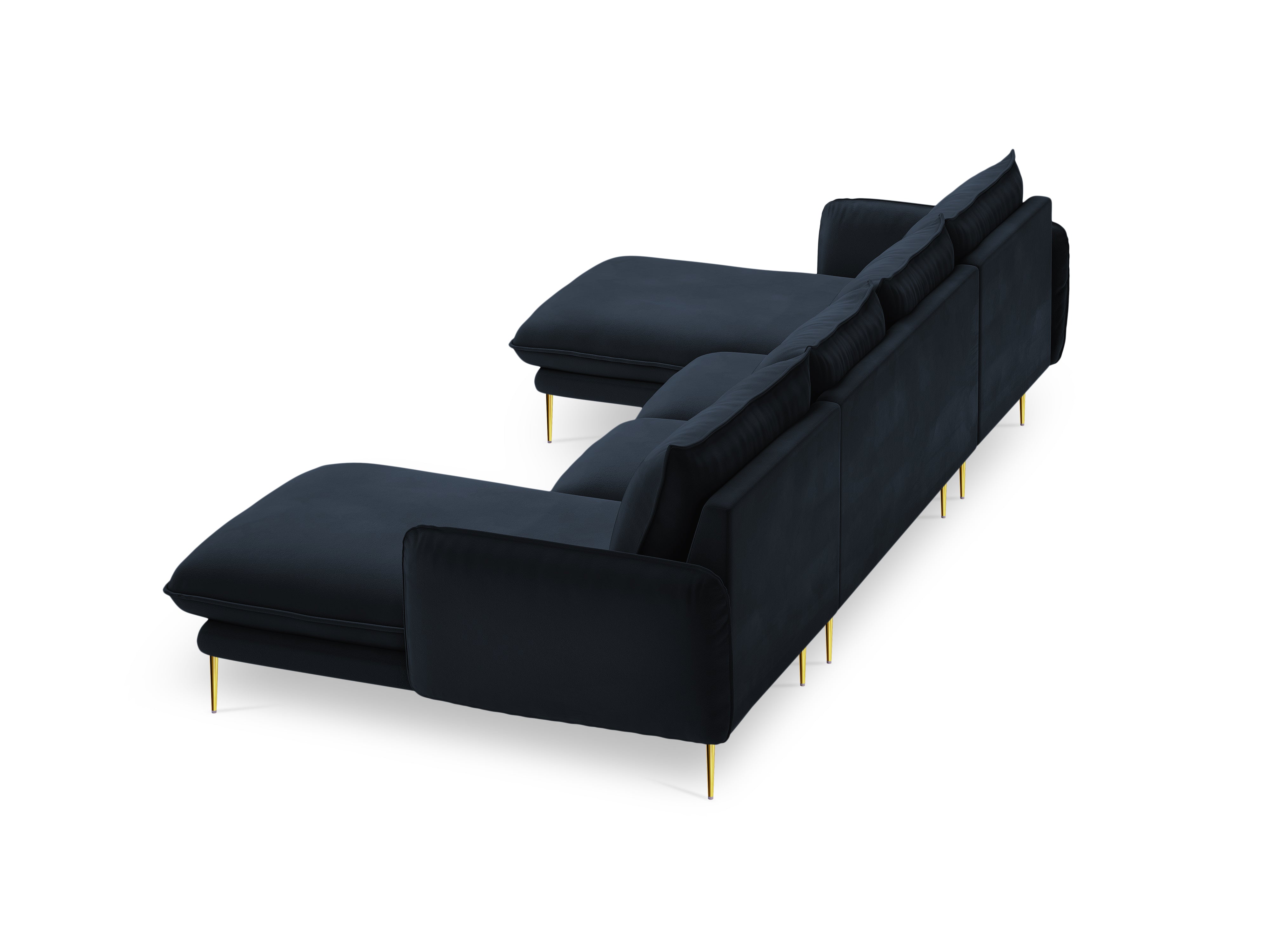 Sofa panoramatická sametová pro 6 osob VIENNA tmavě modrá se zlatým podstavcem