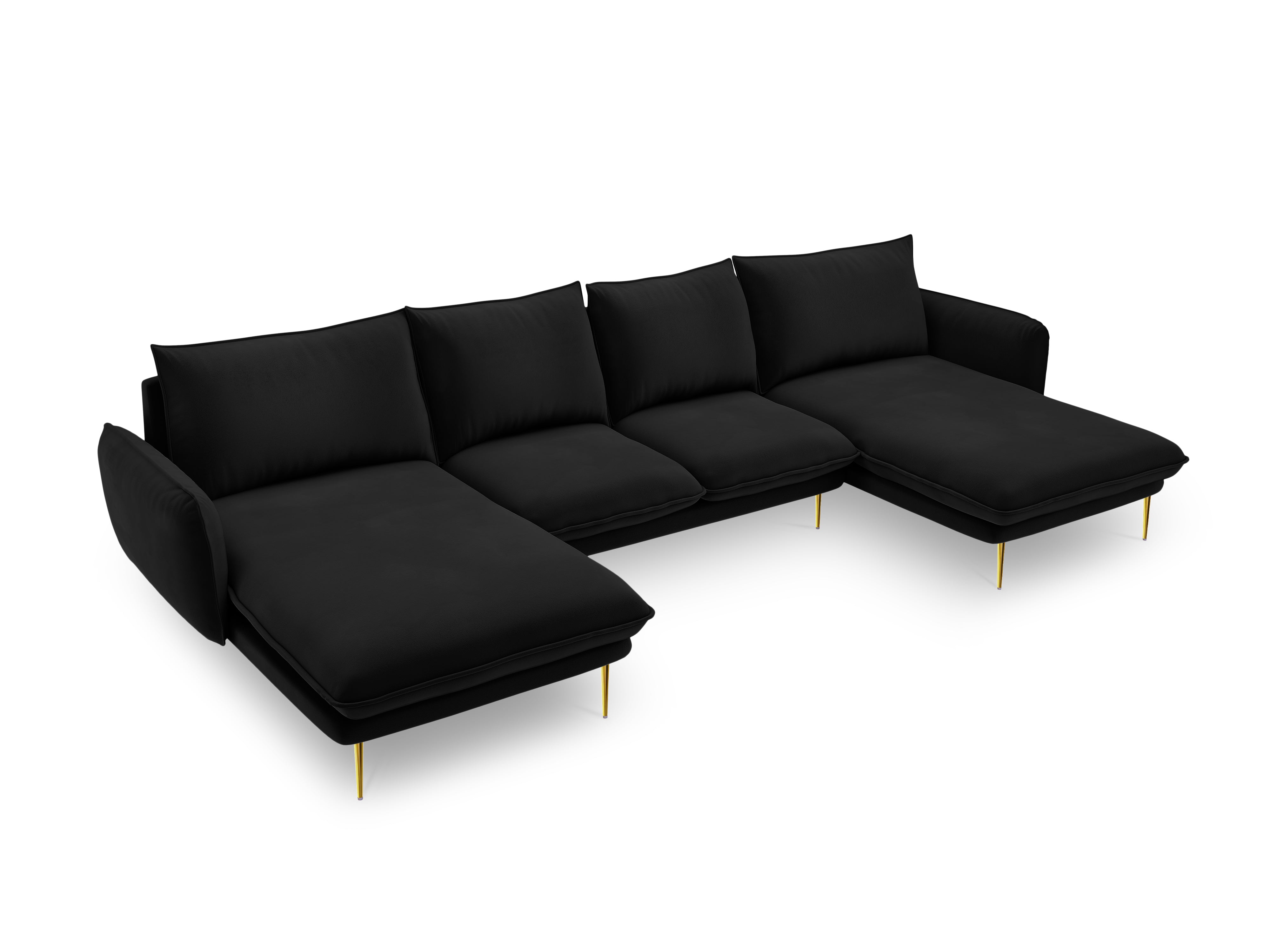 Sofa panoramatická sametová pro 6 osob VIENNA černá se zlatým podstavcem