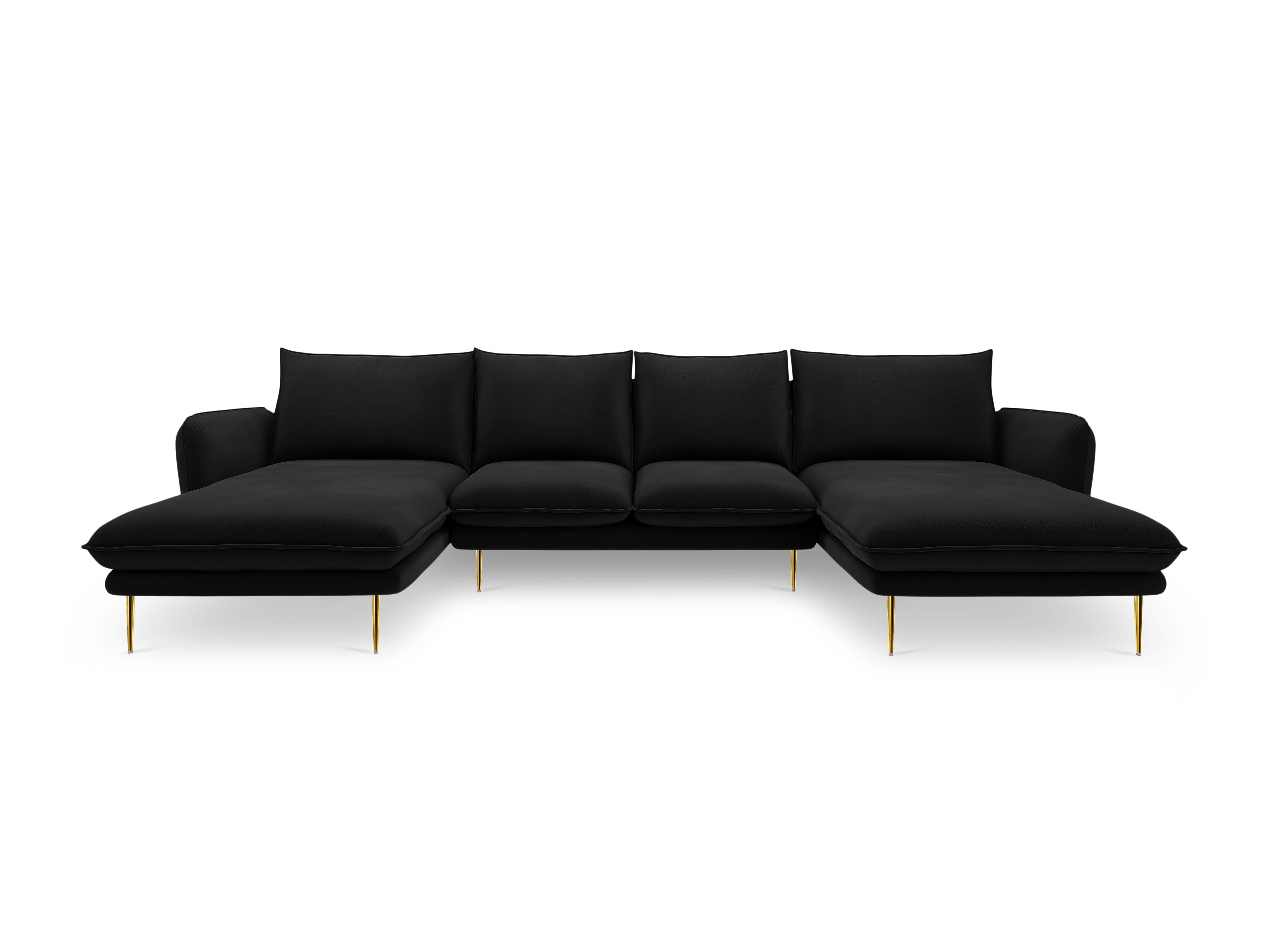 Sofa panoramatická sametová pro 6 osob VIENNA černá se zlatým podstavcem