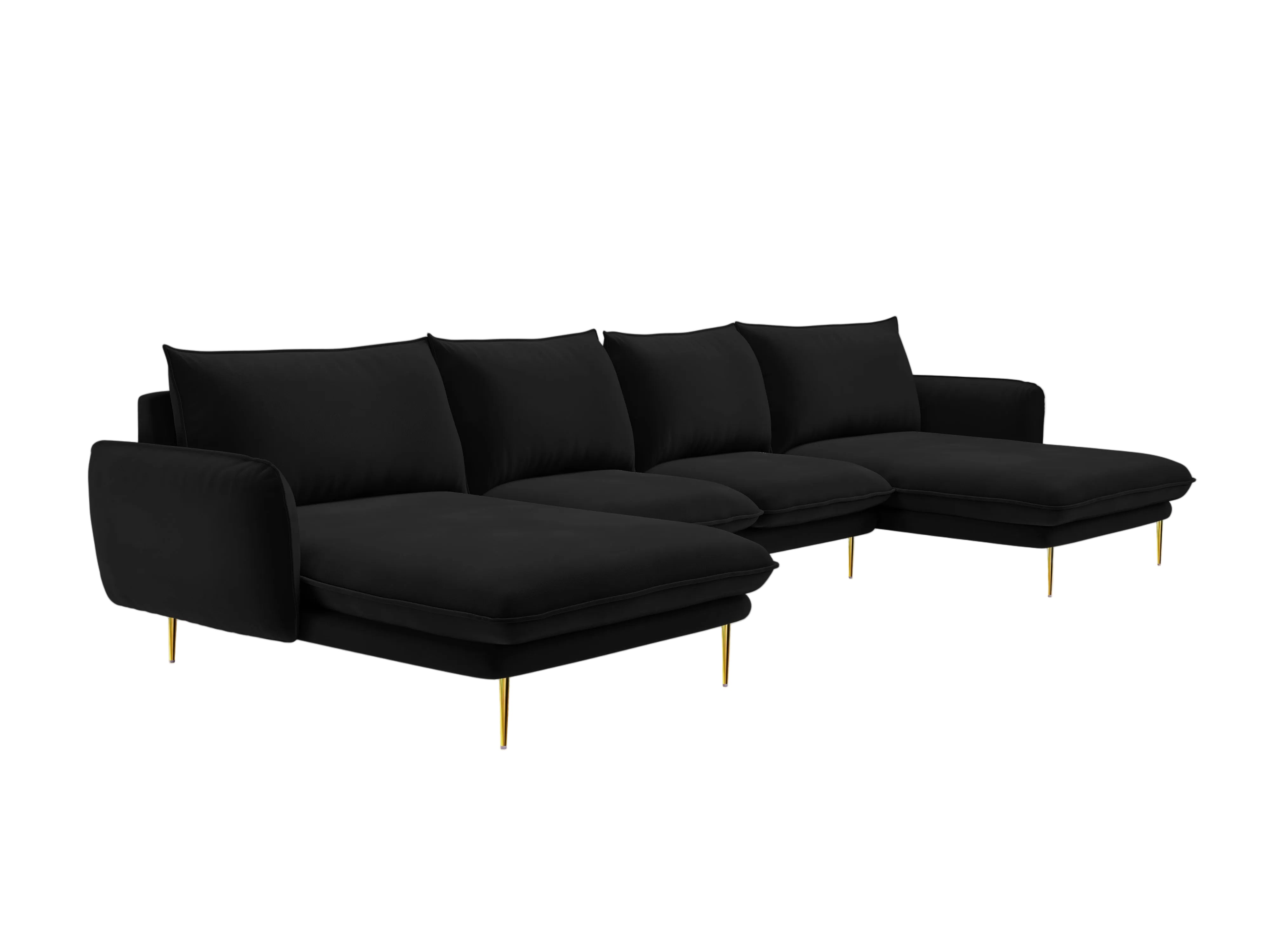 Sofa panoramatická sametová pro 6 osob VIENNA černá se zlatým podstavcem