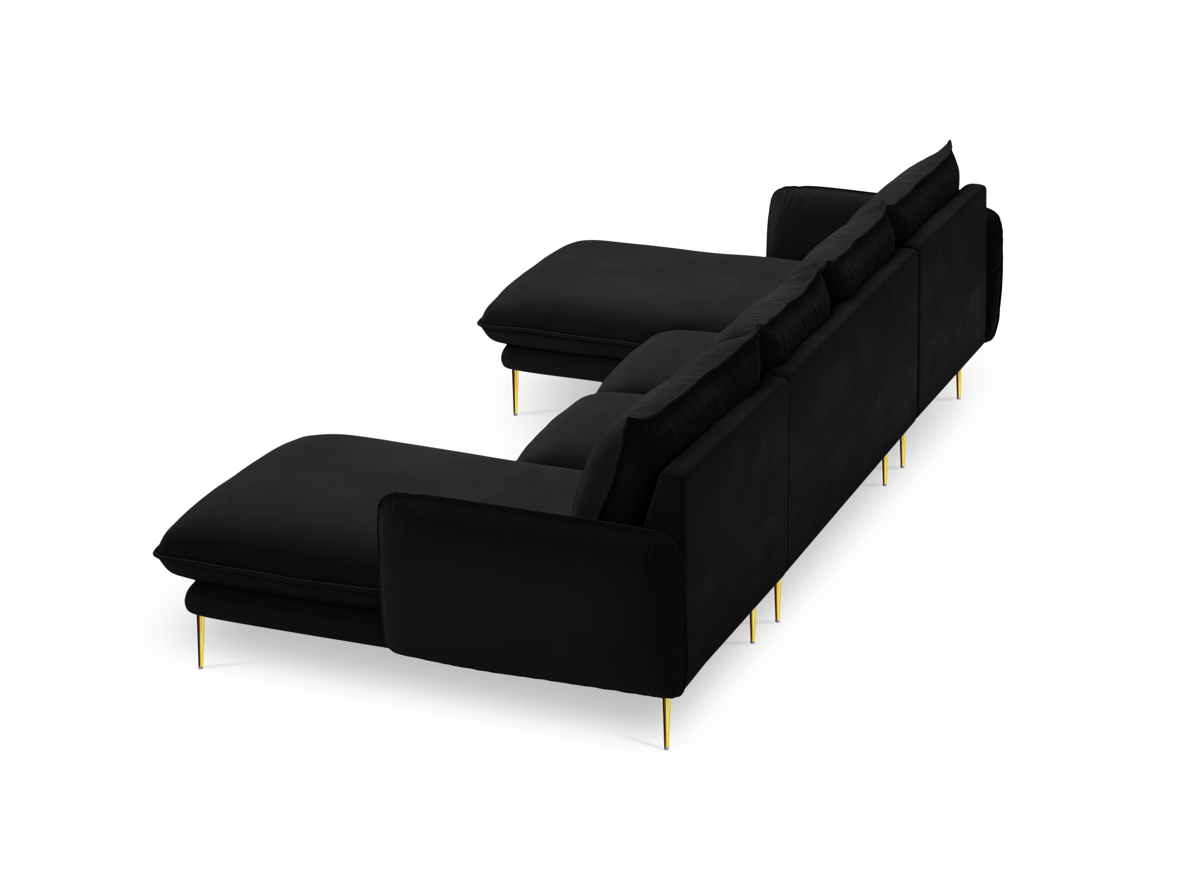 Sofa panoramatická sametová pro 6 osob VIENNA černá se zlatým podstavcem