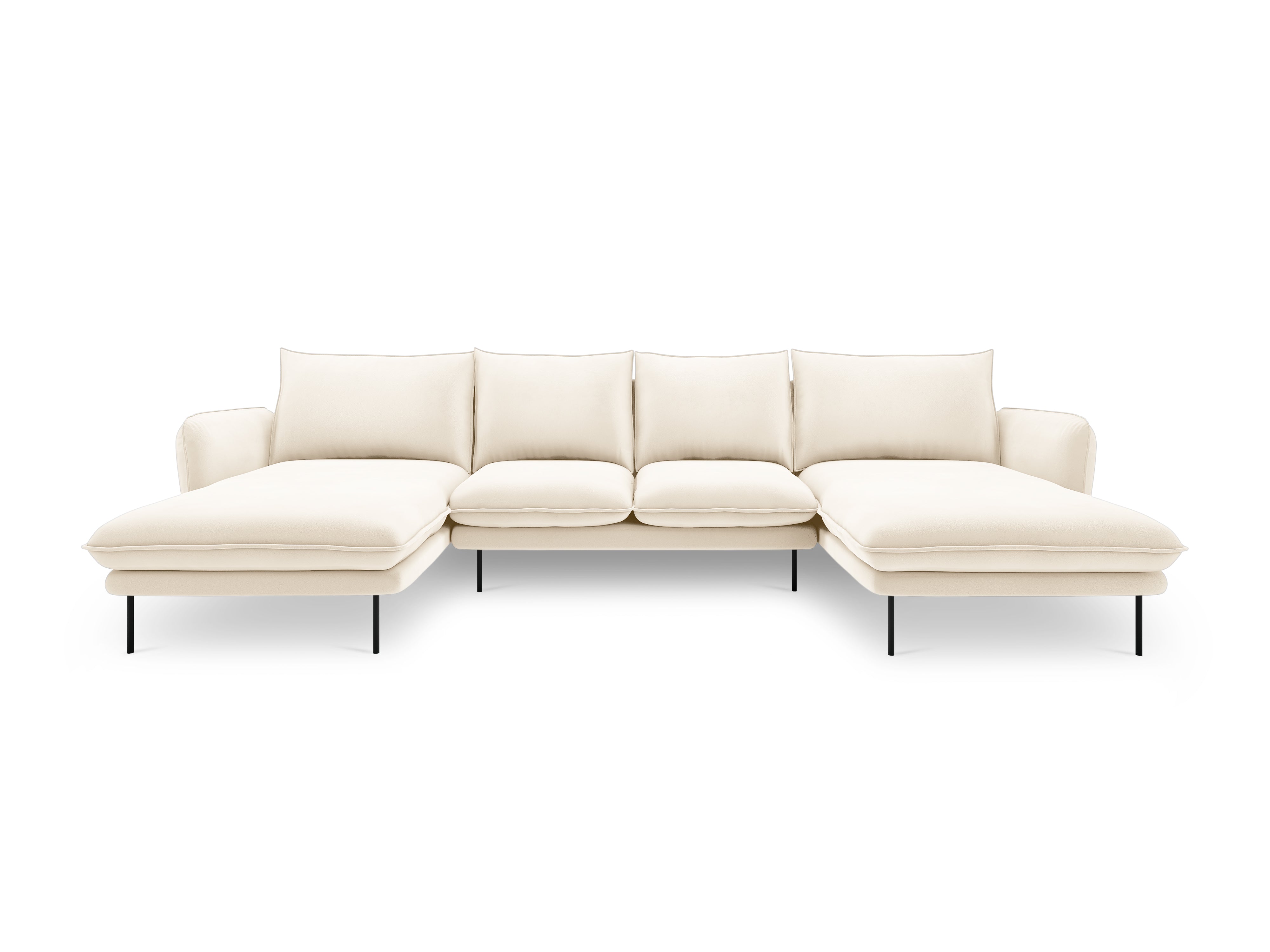 Sofa panoramatická sametová pro 6 osob VIENNA světle béžová s černým podstavcem
