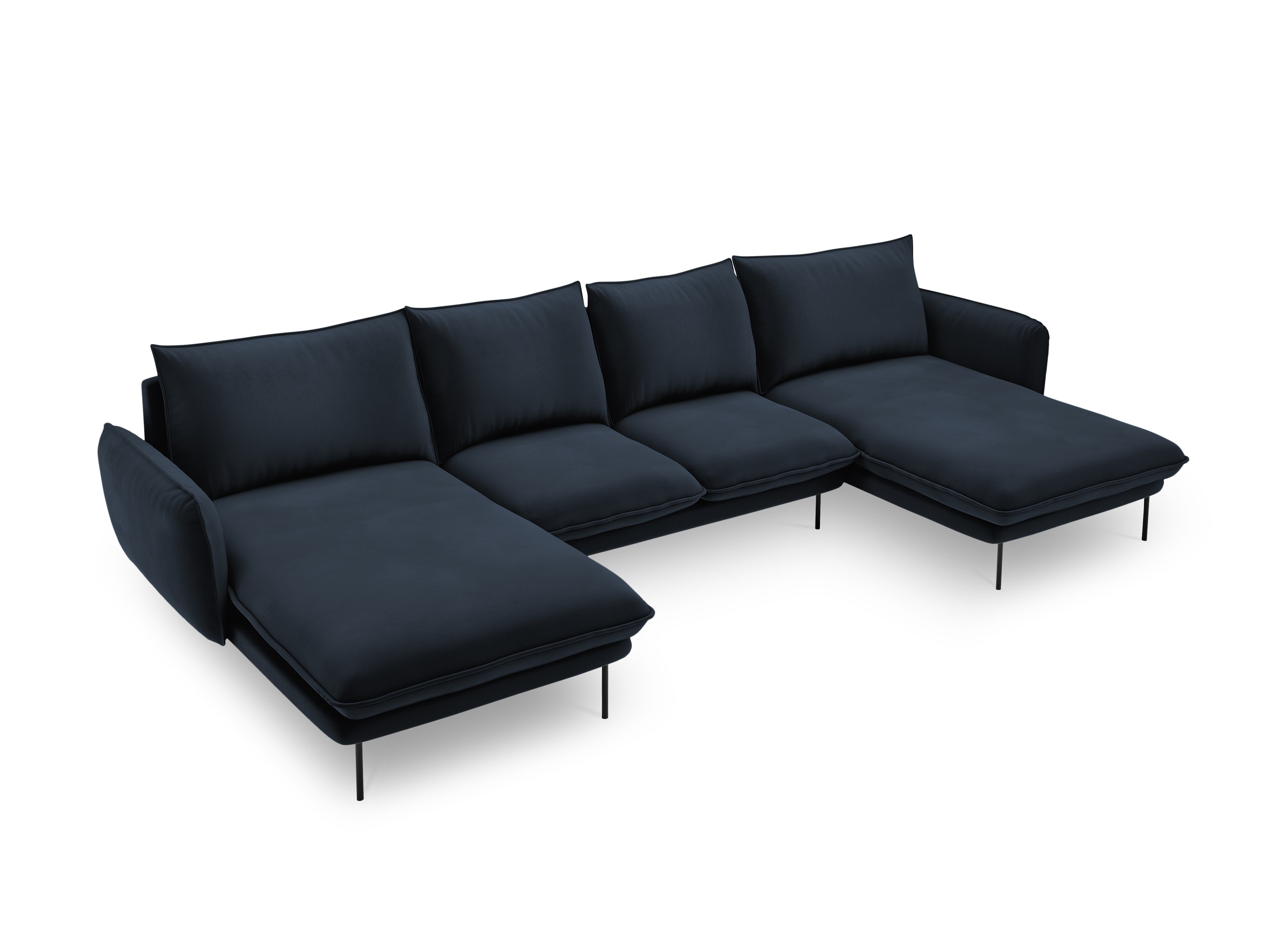 Sofa panoramatická sametová pro 6 osob VIENNA tmavě modrá s černým podstavcem
