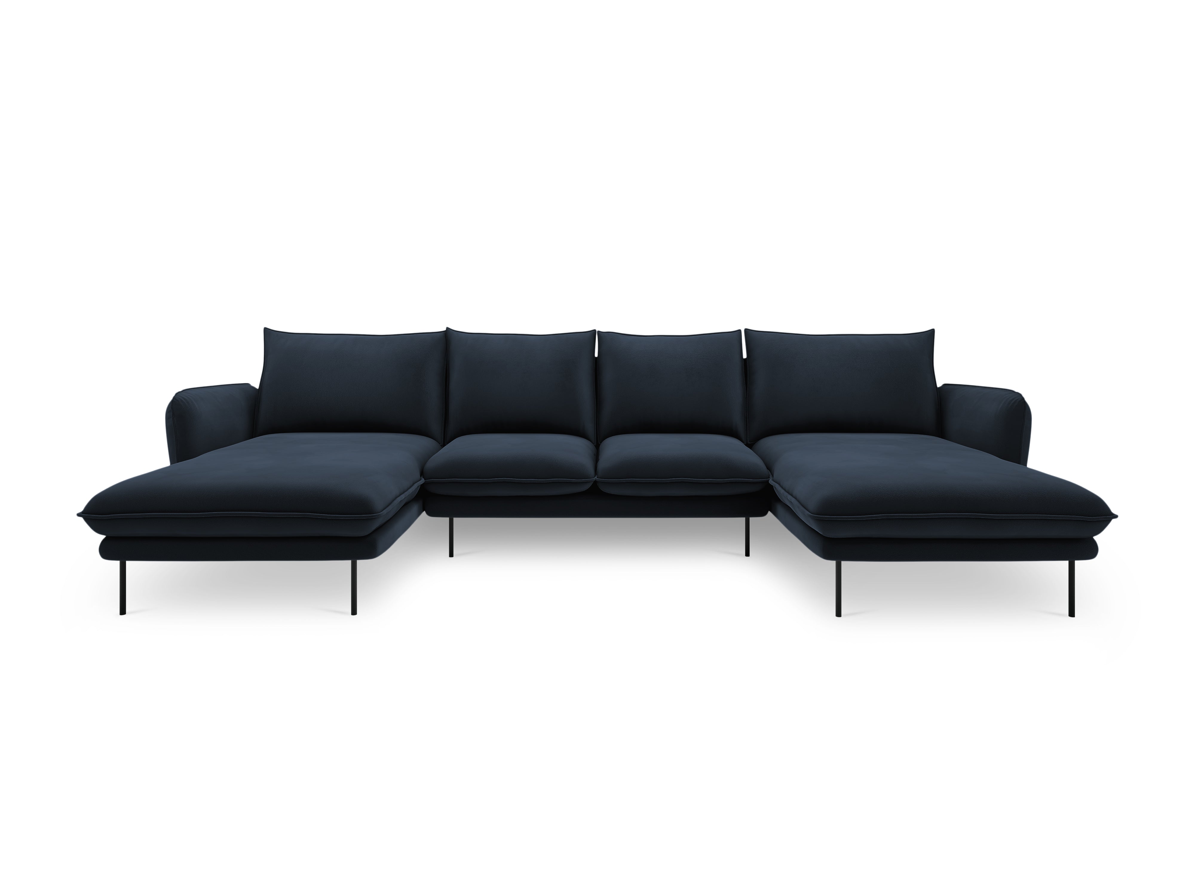 Sofa panoramatická sametová pro 6 osob VIENNA tmavě modrá s černým podstavcem