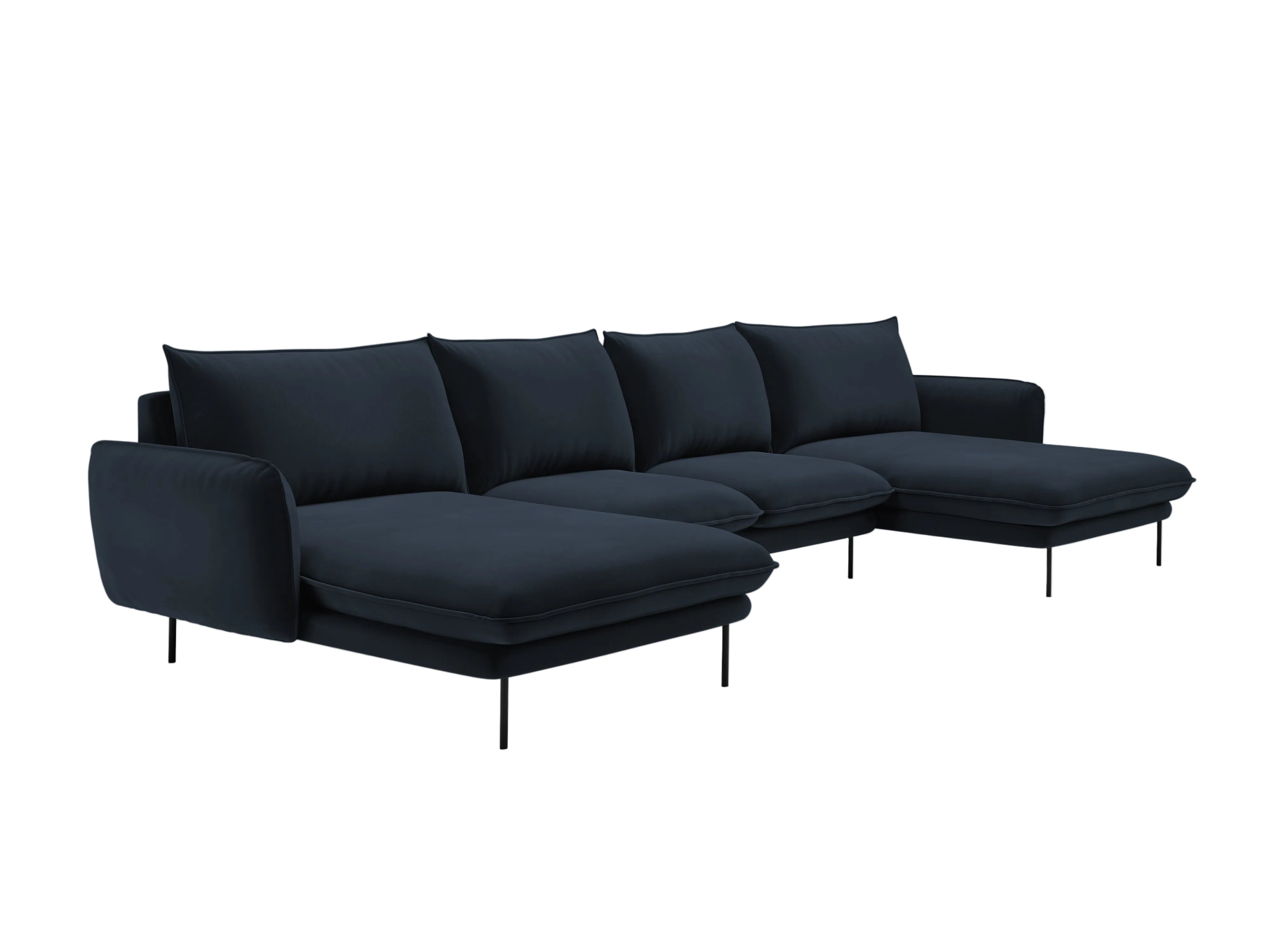 Sofa panoramatická sametová pro 6 osob VIENNA tmavě modrá s černým podstavcem