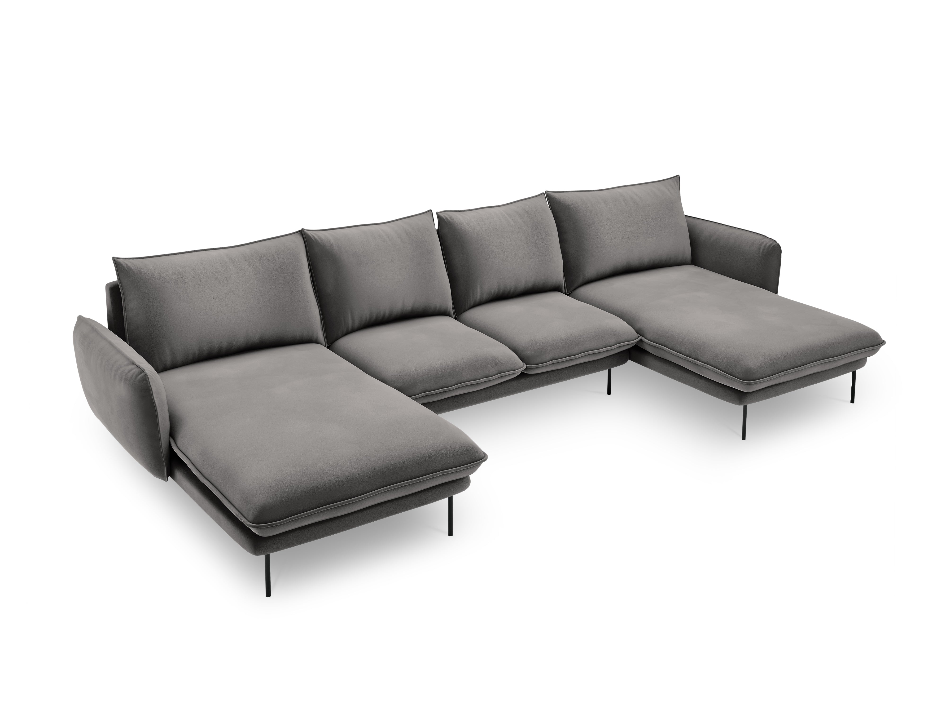 Sofa panoramatická sametová pro 6 osob VIENNA světle šedá s černým podstavcem