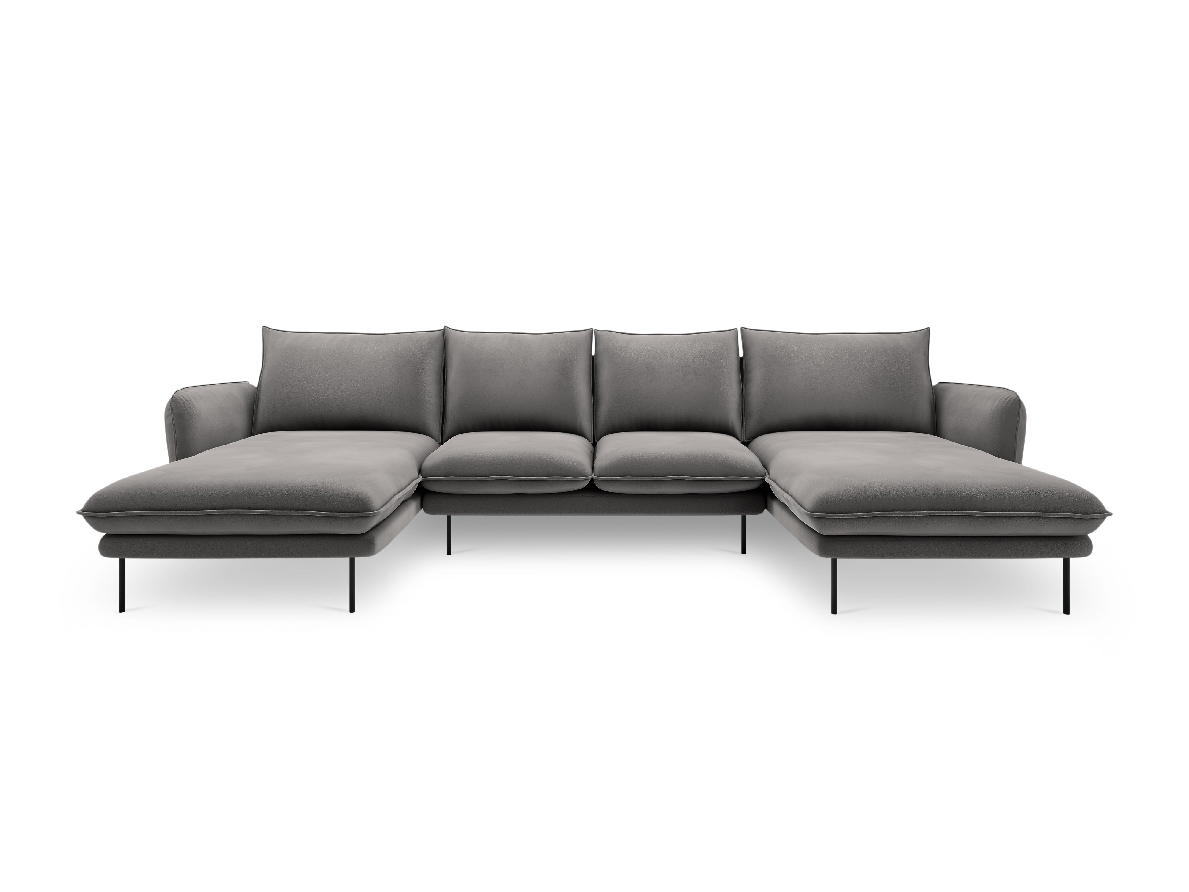 Sofa panoramatická sametová pro 6 osob VIENNA světle šedá s černým podstavcem