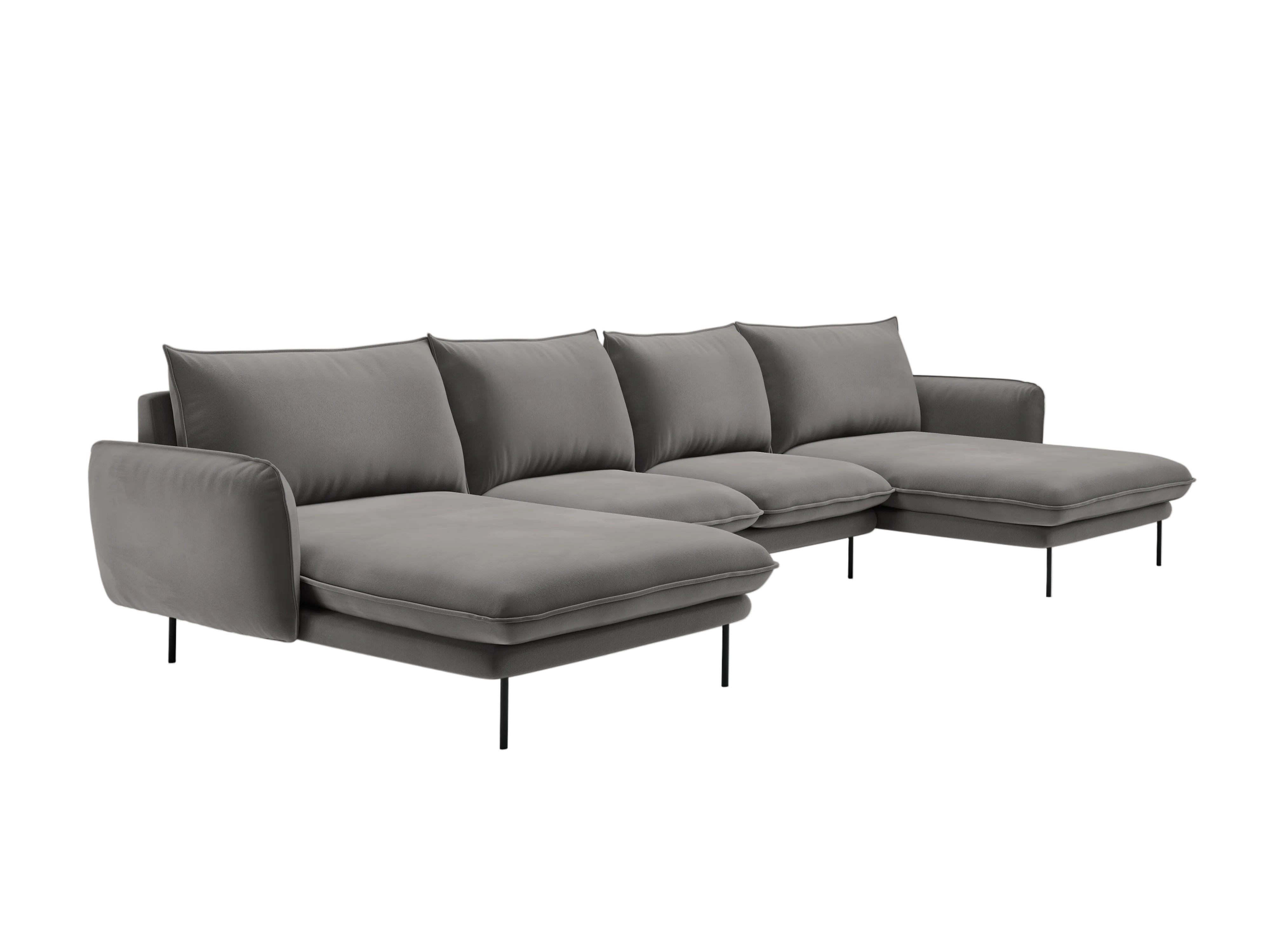 Sofa panoramatická sametová pro 6 osob VIENNA světle šedá s černým podstavcem