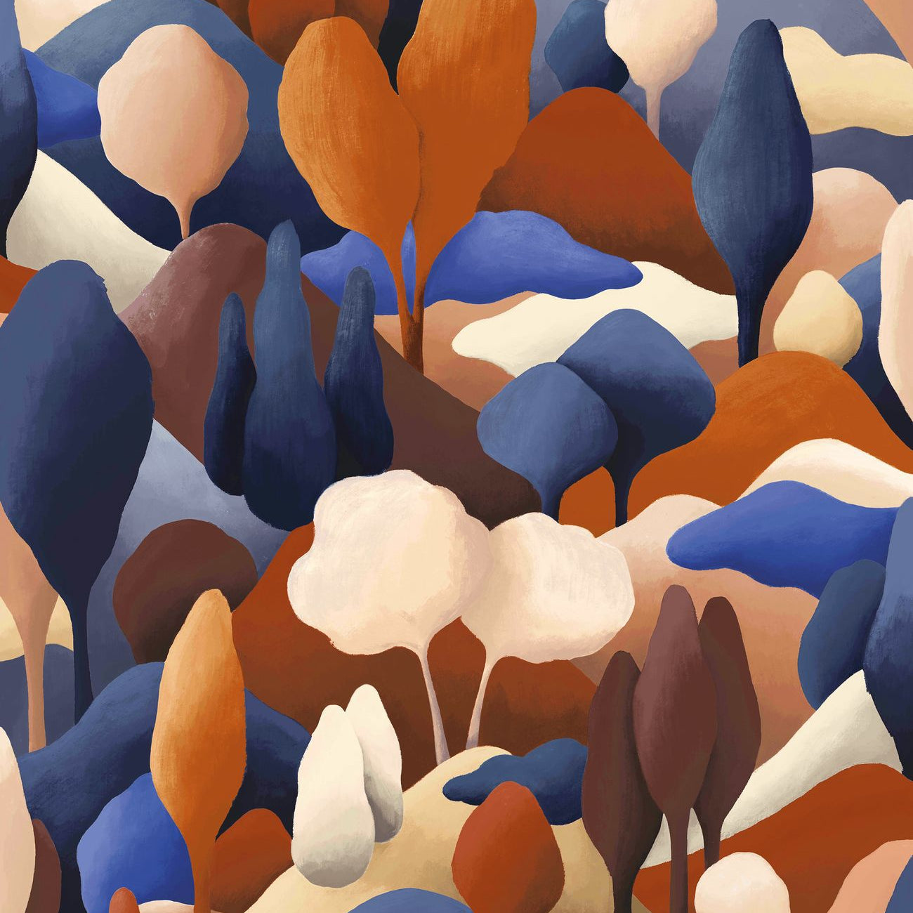 Textile wallpaper with a plant motif ORÉE - ELECTRIC BLUE/MAHOGANY blue with orange