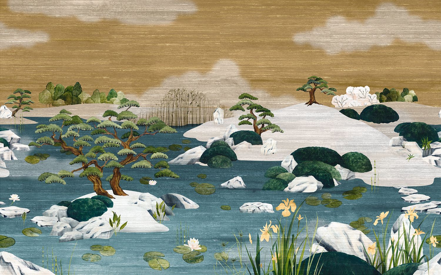 Textilní mural s japonskou krajinou ADACHI - MORDORÉ MARINE modrý s bronzem