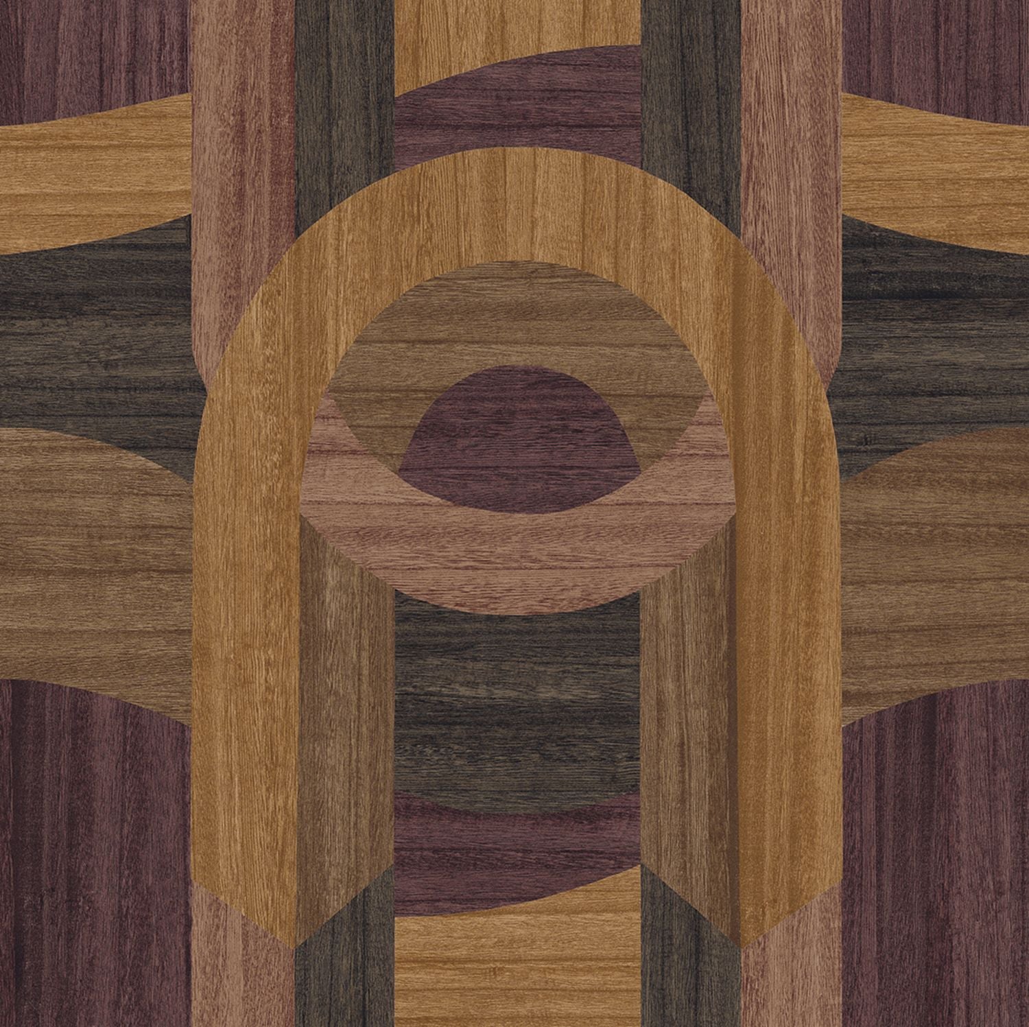 Tapeta z fornirováním s geometrickým vzorem art deco TRAVERSÉE - AUBERGINE CHÊNE tmavě hnědý dub