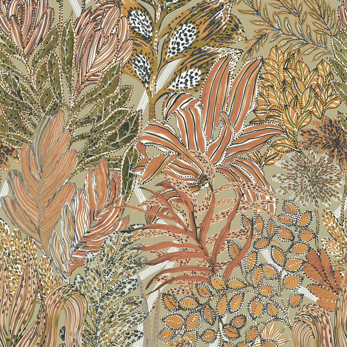 Tropical Leaf Pattern Wallpaper BORROMMEE - LICHEN/TERRE DE SIENNE Olive Green with Bronze