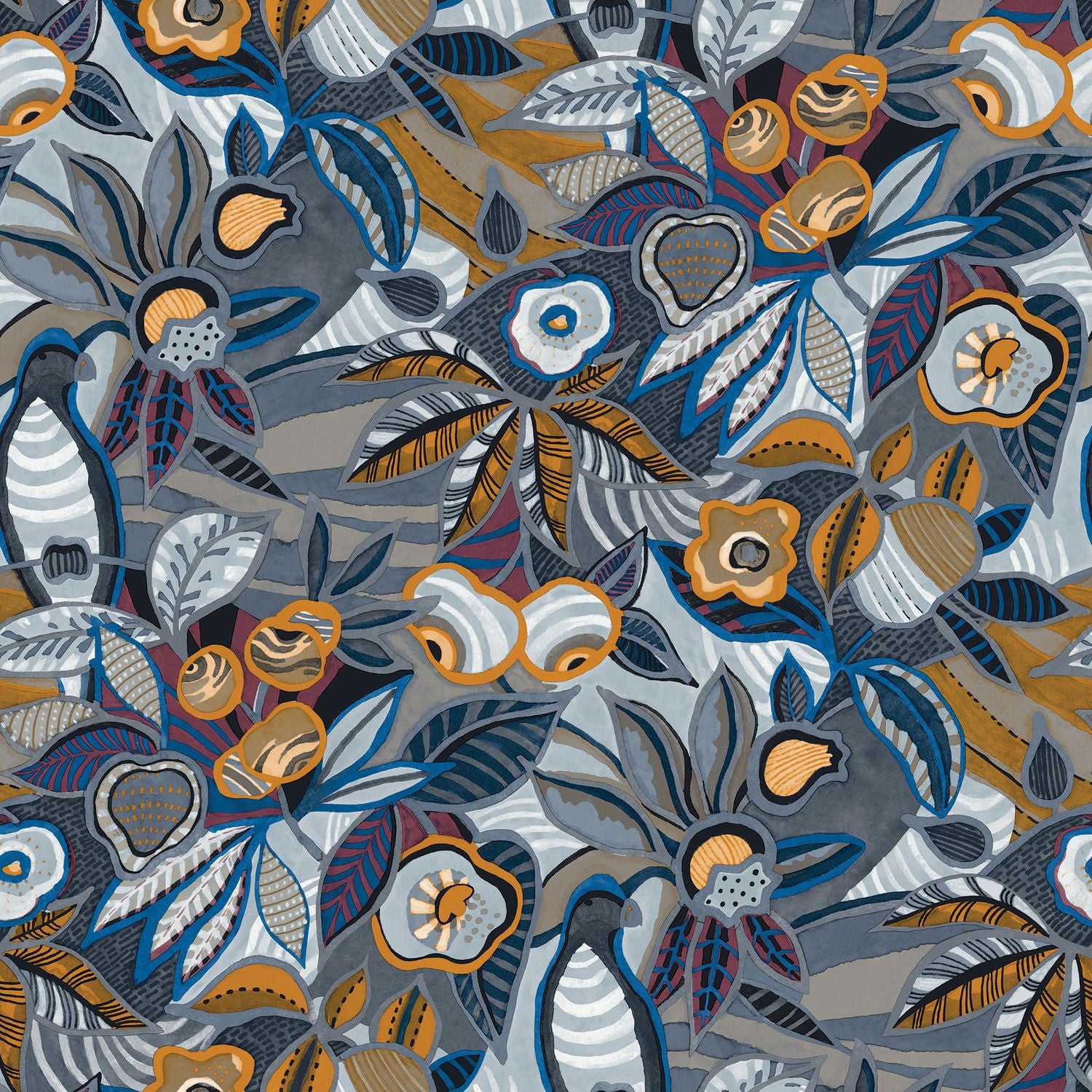 Strukturovaná tapeta s rostlinným motivem listů a květin TEHUANA - MARINE/OCRE modrá se žlutou