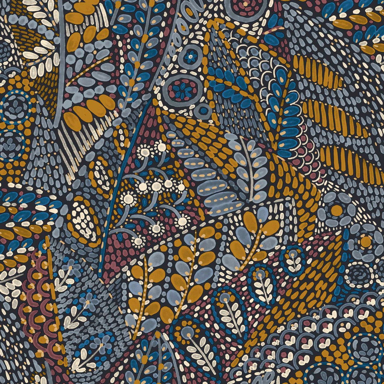 Tapeta s rostlinným motivem listů TALAVERA - MARINE OCLE modrá s oranžovou