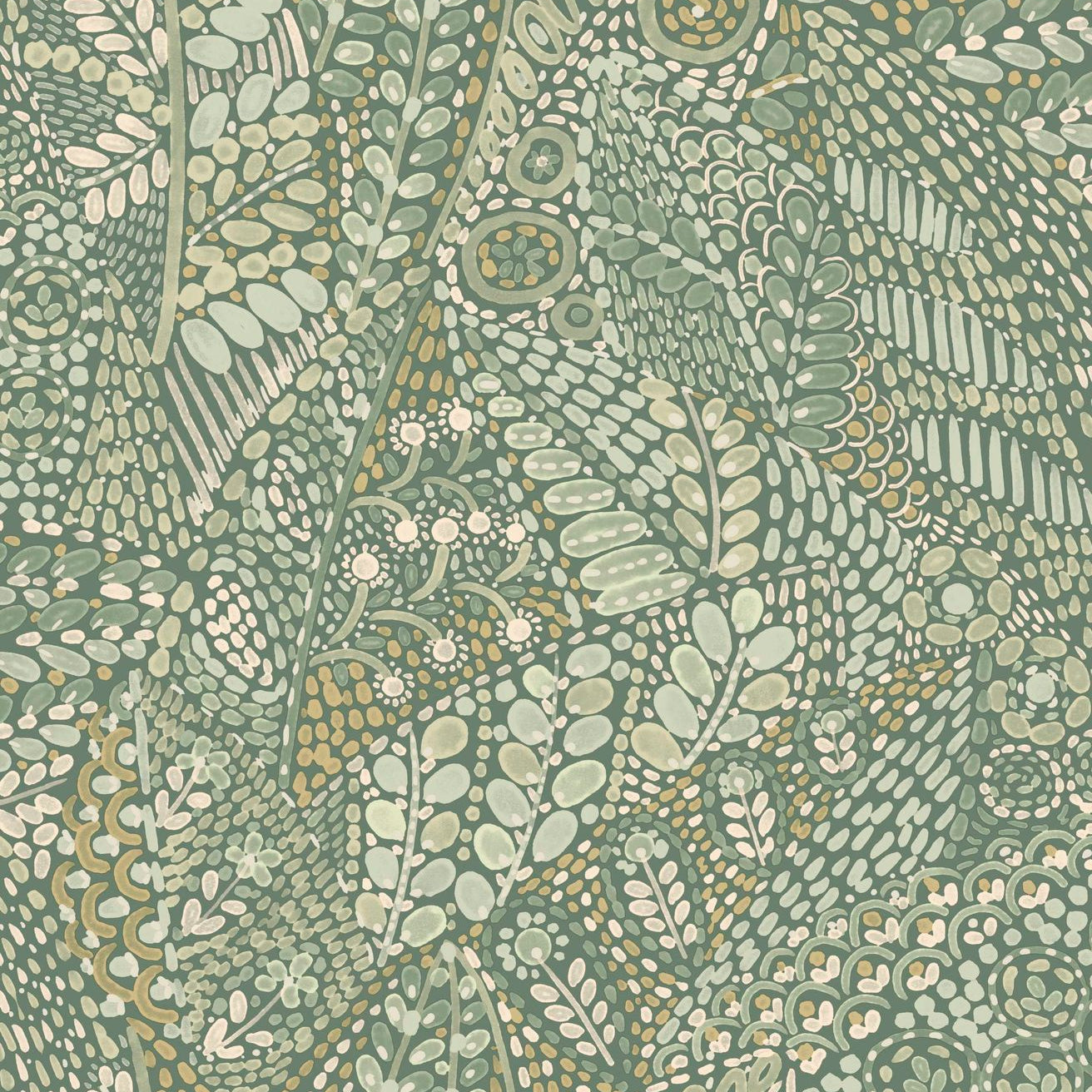 Tapeta s rostlinným motivem listů TALAVERA - CÉLADON/AMANDE mátově zelená s mandlemi