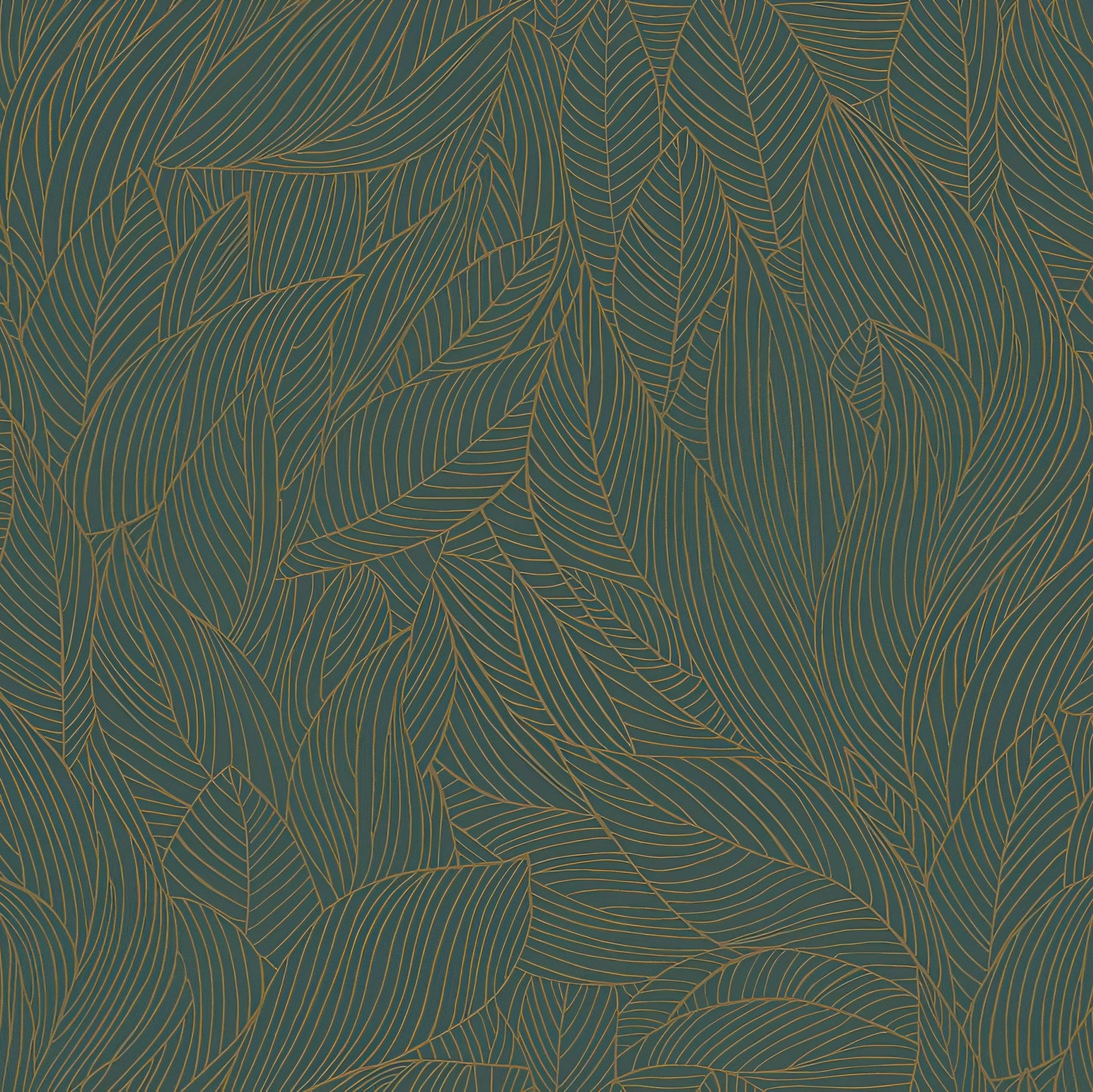 Hosta Wallpaper with Leaf Plant Motif and Metallic Effect - Green with Gold