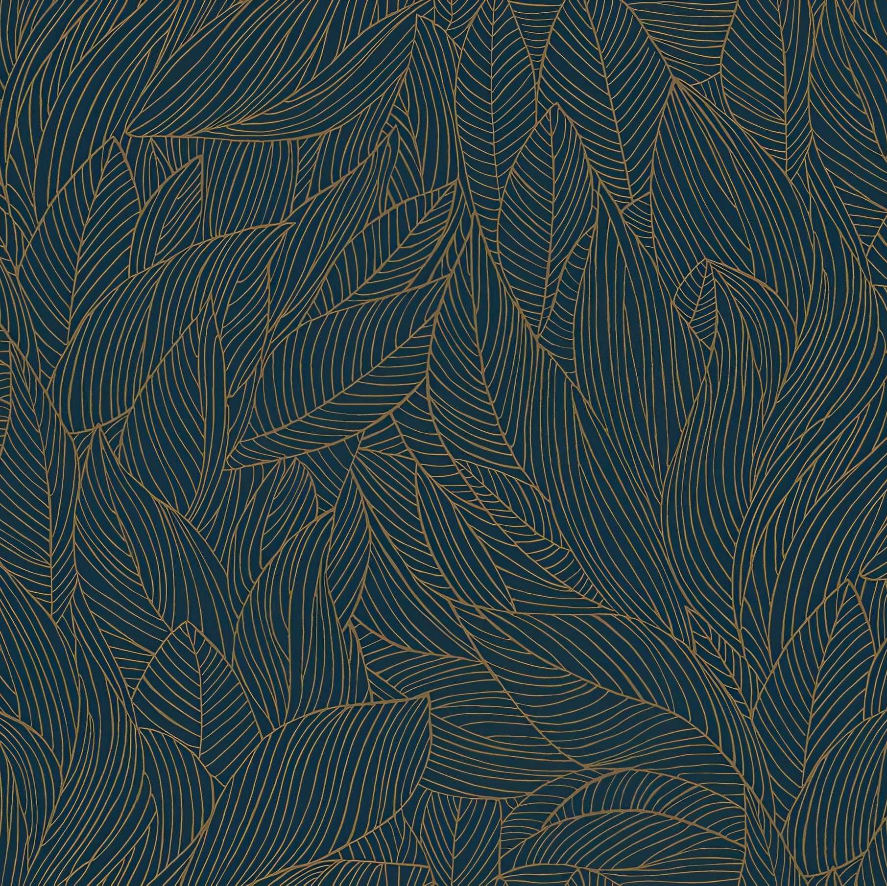 Leaf-patterned wallpaper with a metallic effect HOSTA - MARINE/DORÉ dark green with gold