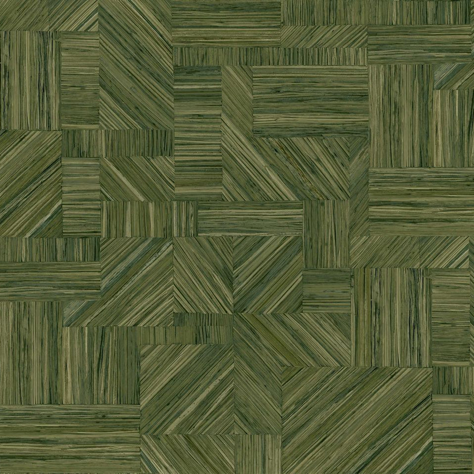 Geometric Structural Wallpaper Imitating Straw Patchwork IMBRICATION - VERT MOUSSE Green
