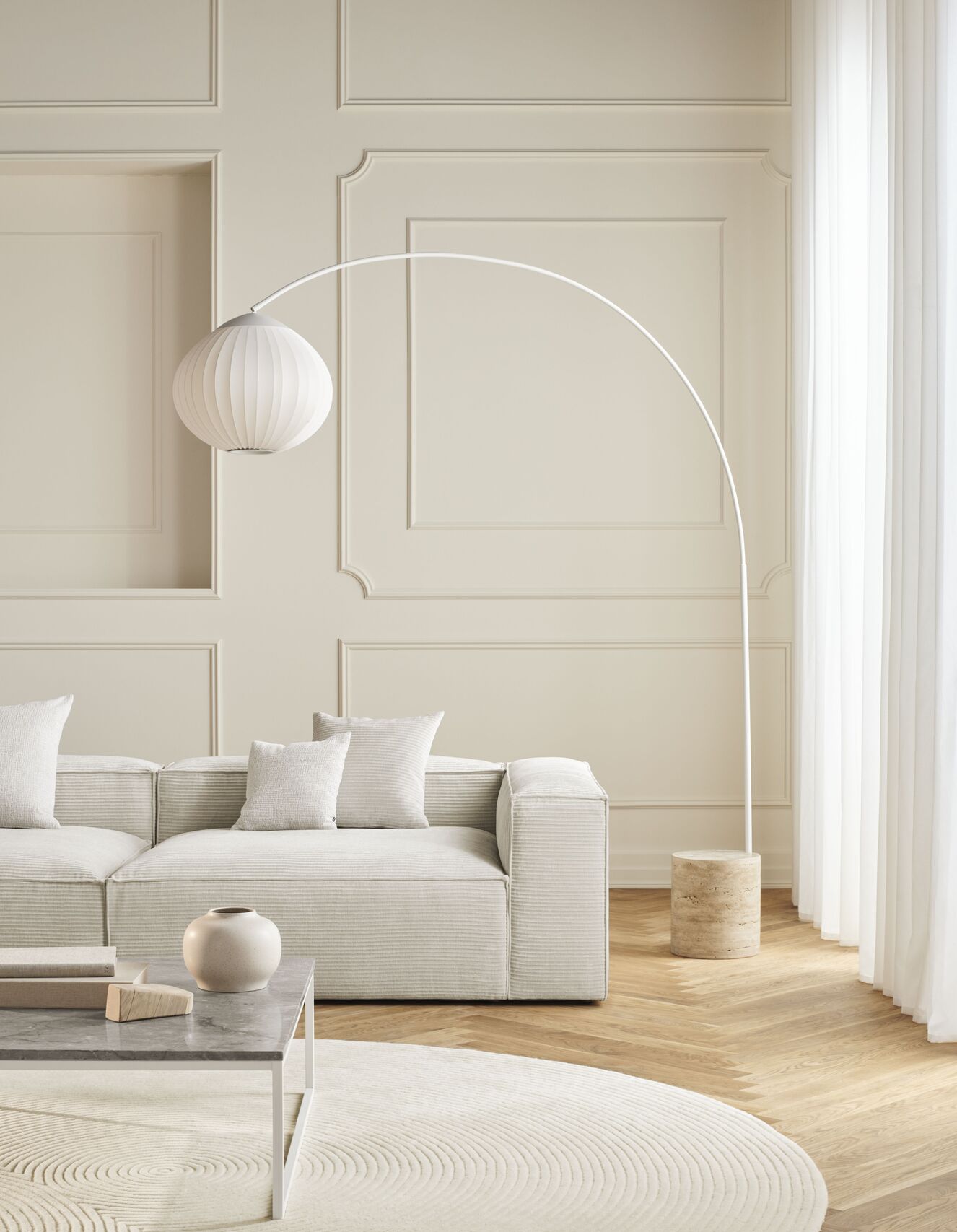 Stojací lampa ACORN bílá se základnou ze šedého betonu