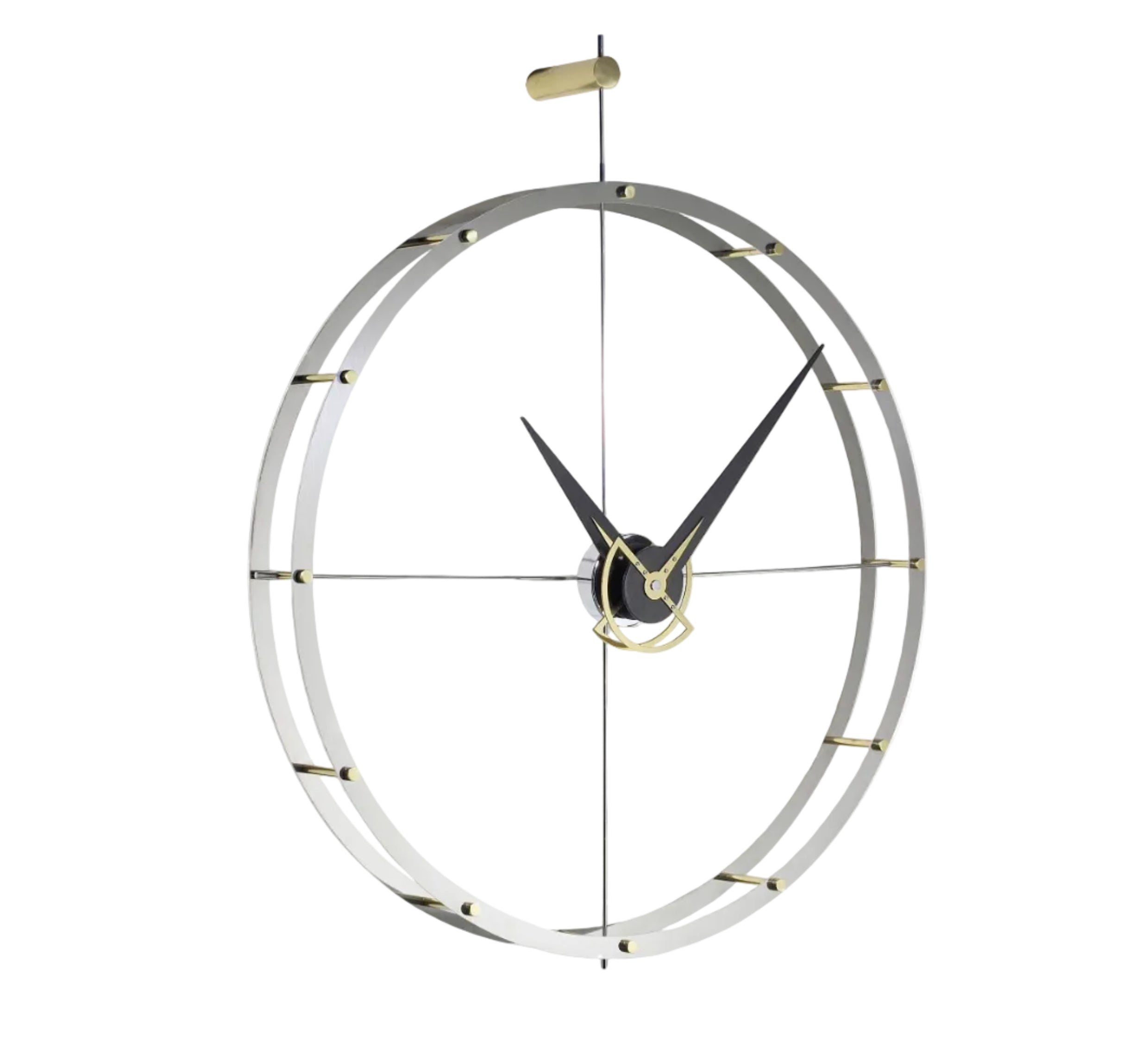 DOUBLE O wall clock in chrome with brass and wenge