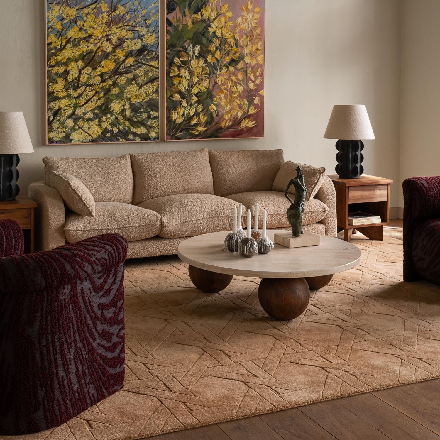 Round coffee table SPHERE travertine marble with ash base