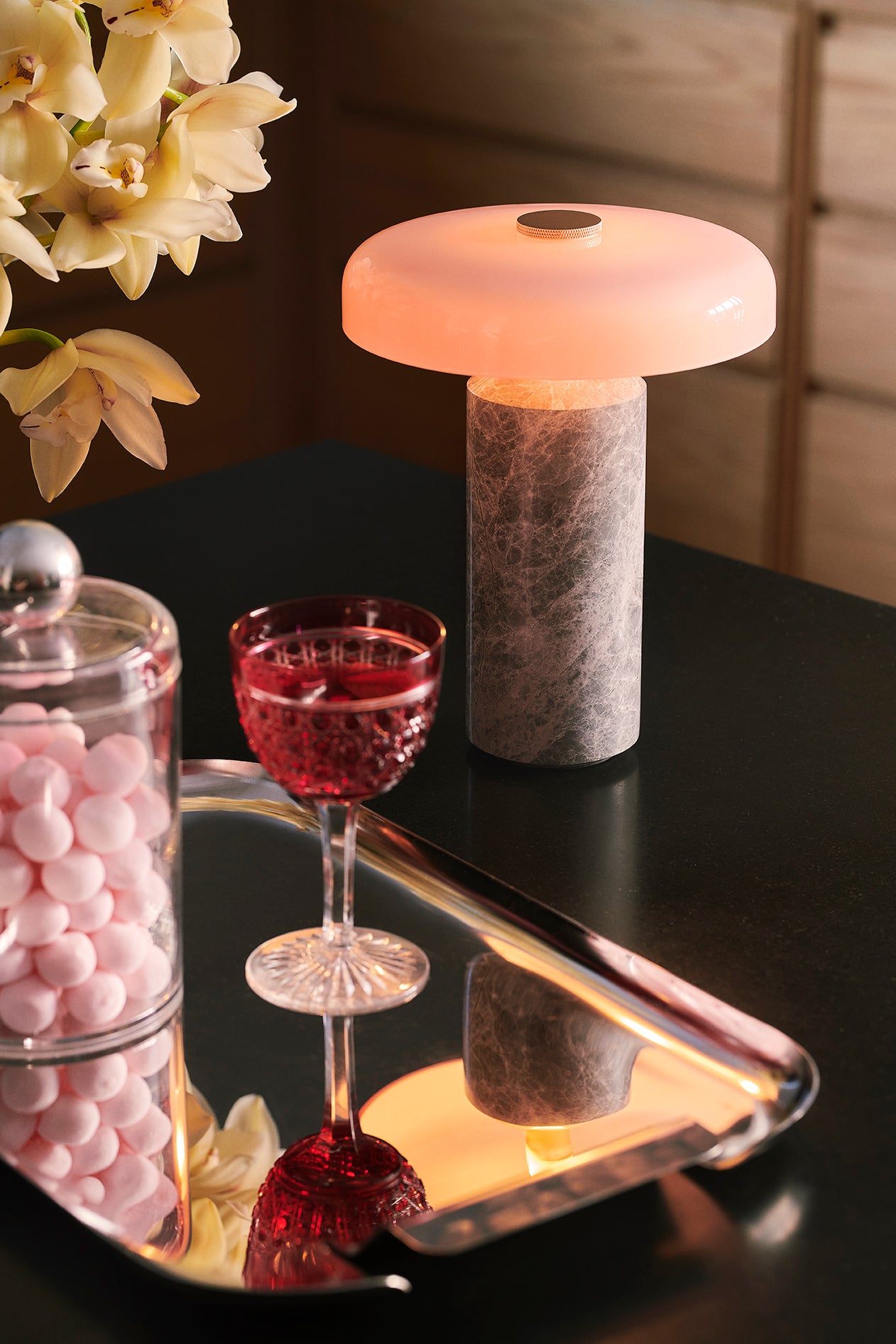 Portable lamp TRIP silver marble with pink glass