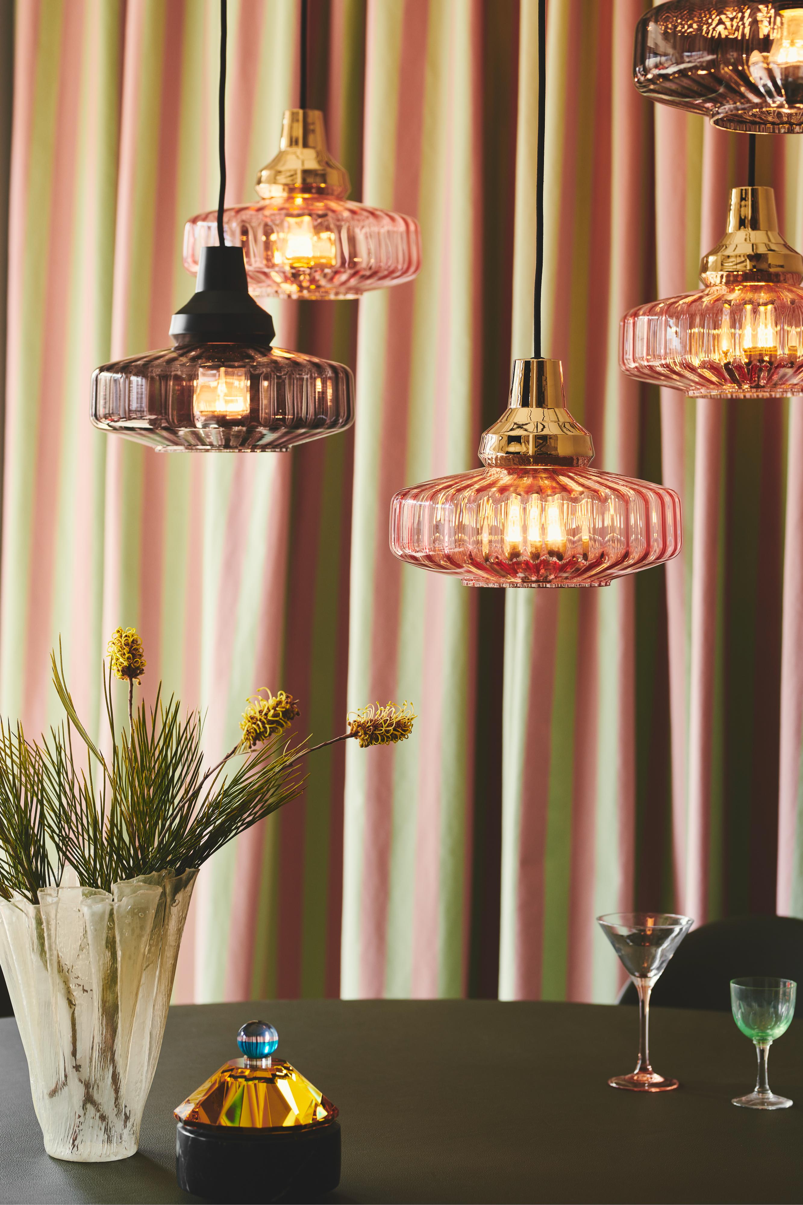 NEW WAVE OPTIC pendant lamp pink glass with gold finish