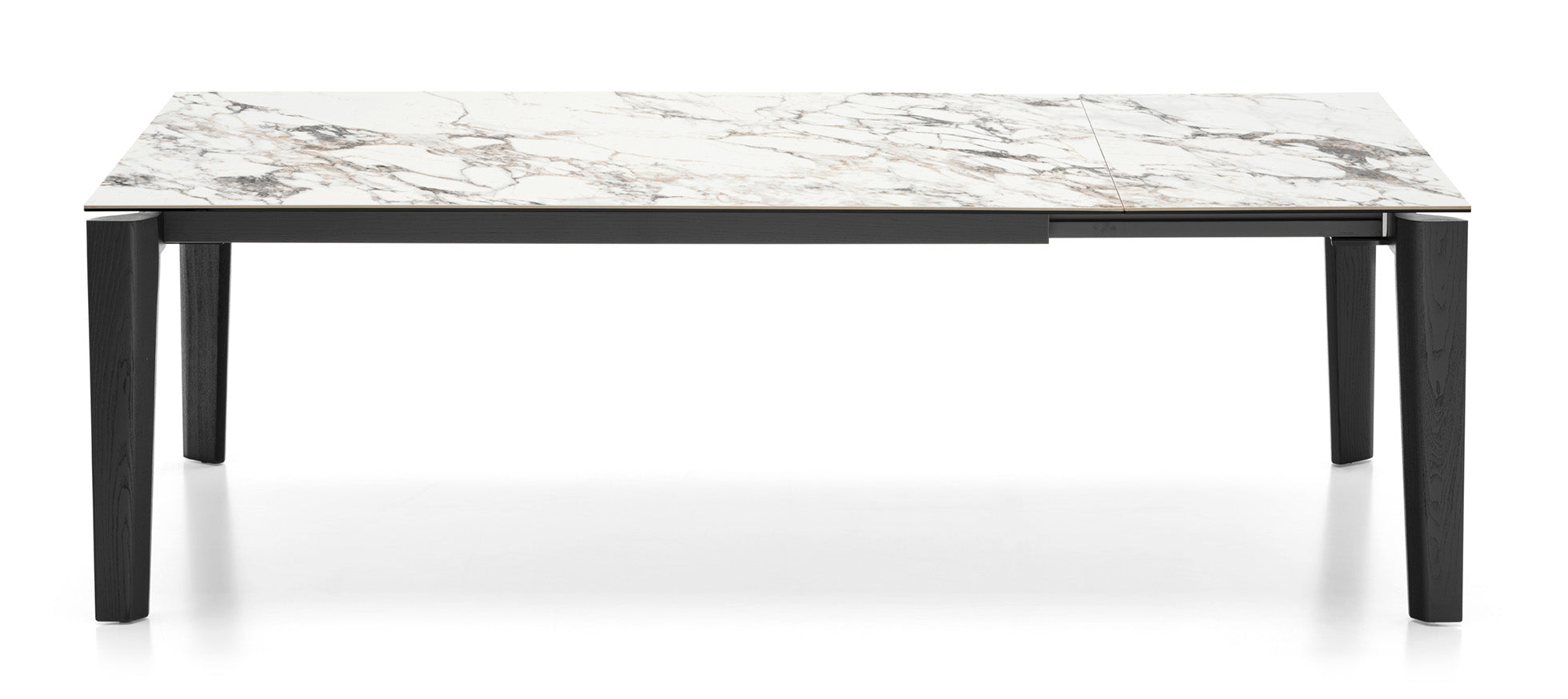 Extendable table DOGMA with a white top and black wooden base