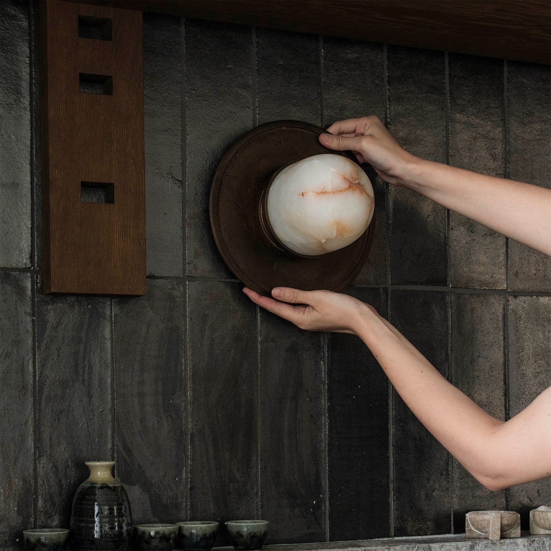 Alabaster Ceiling Light FULL MOON Brass with Dark Patina