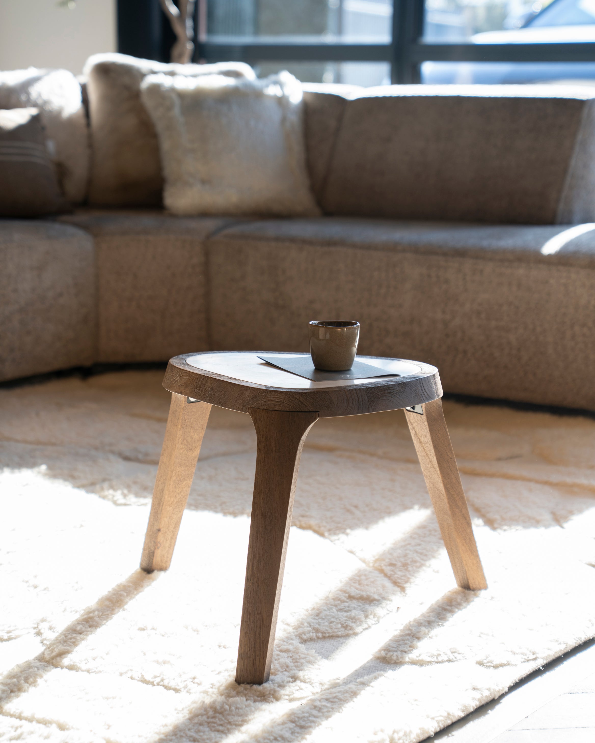 FRED Side Table Cream Marble with Wooden Base