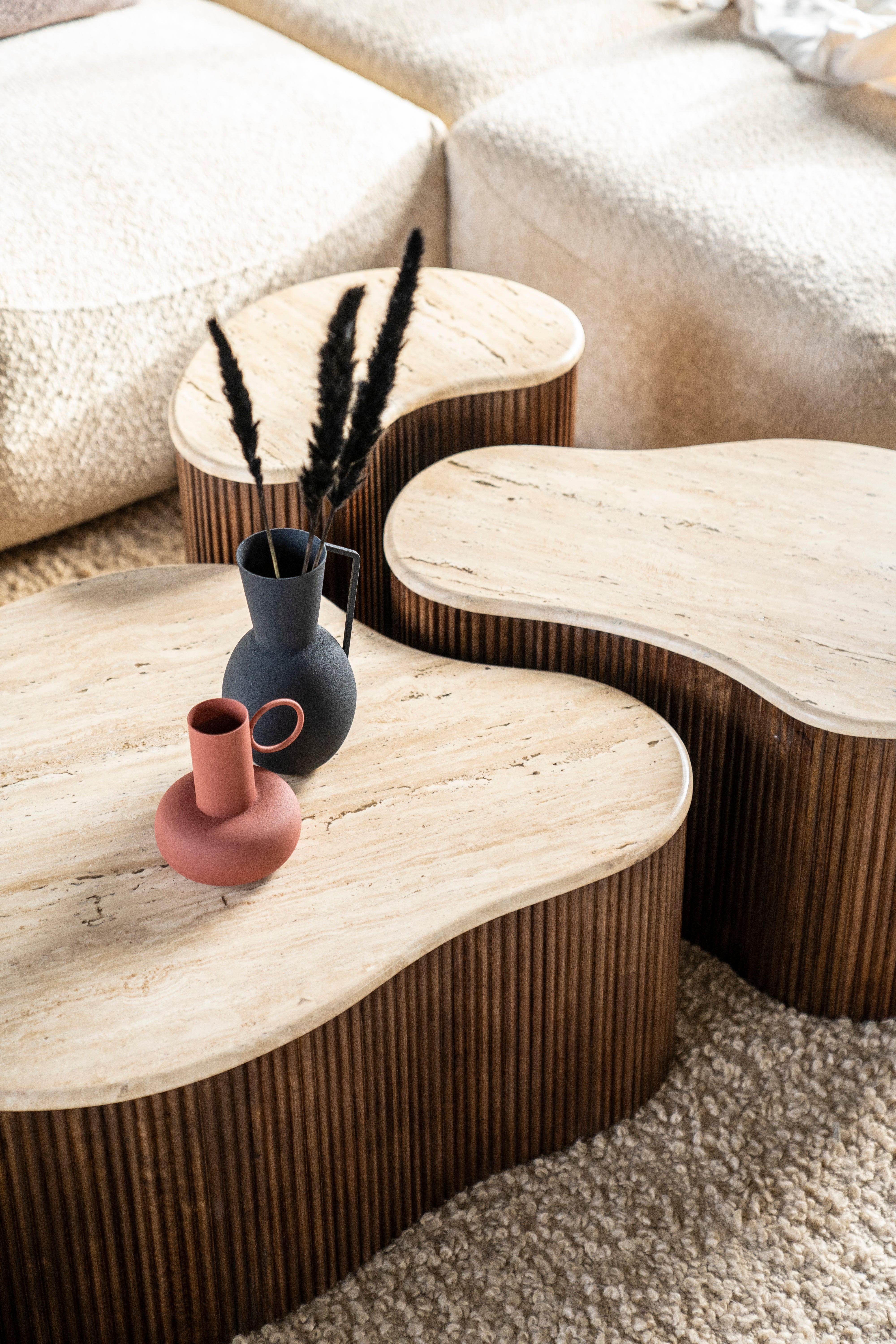 MARI coffee table made of mango wood with a travertine top