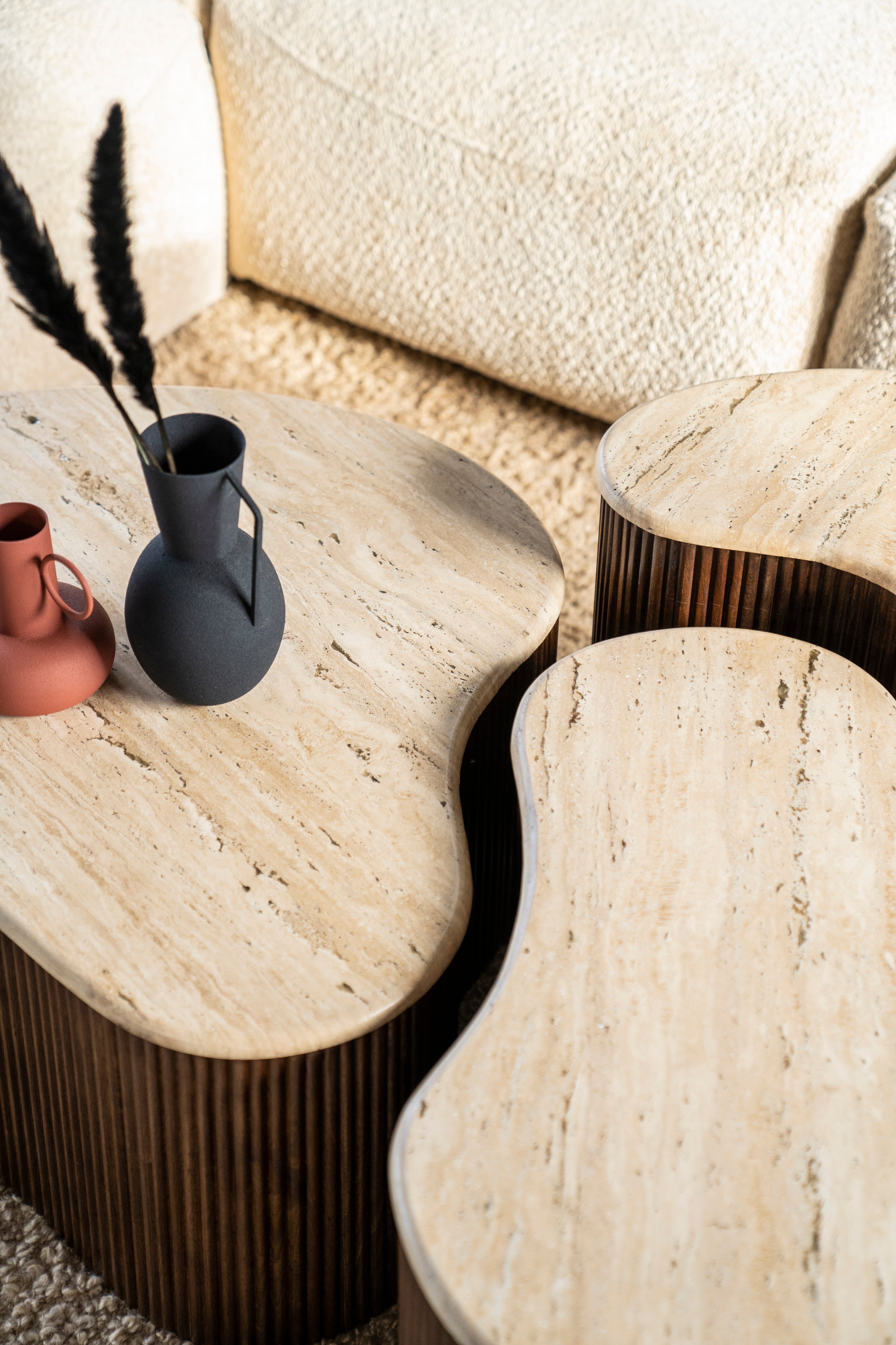 MARI coffee table made of mango wood with a travertine top