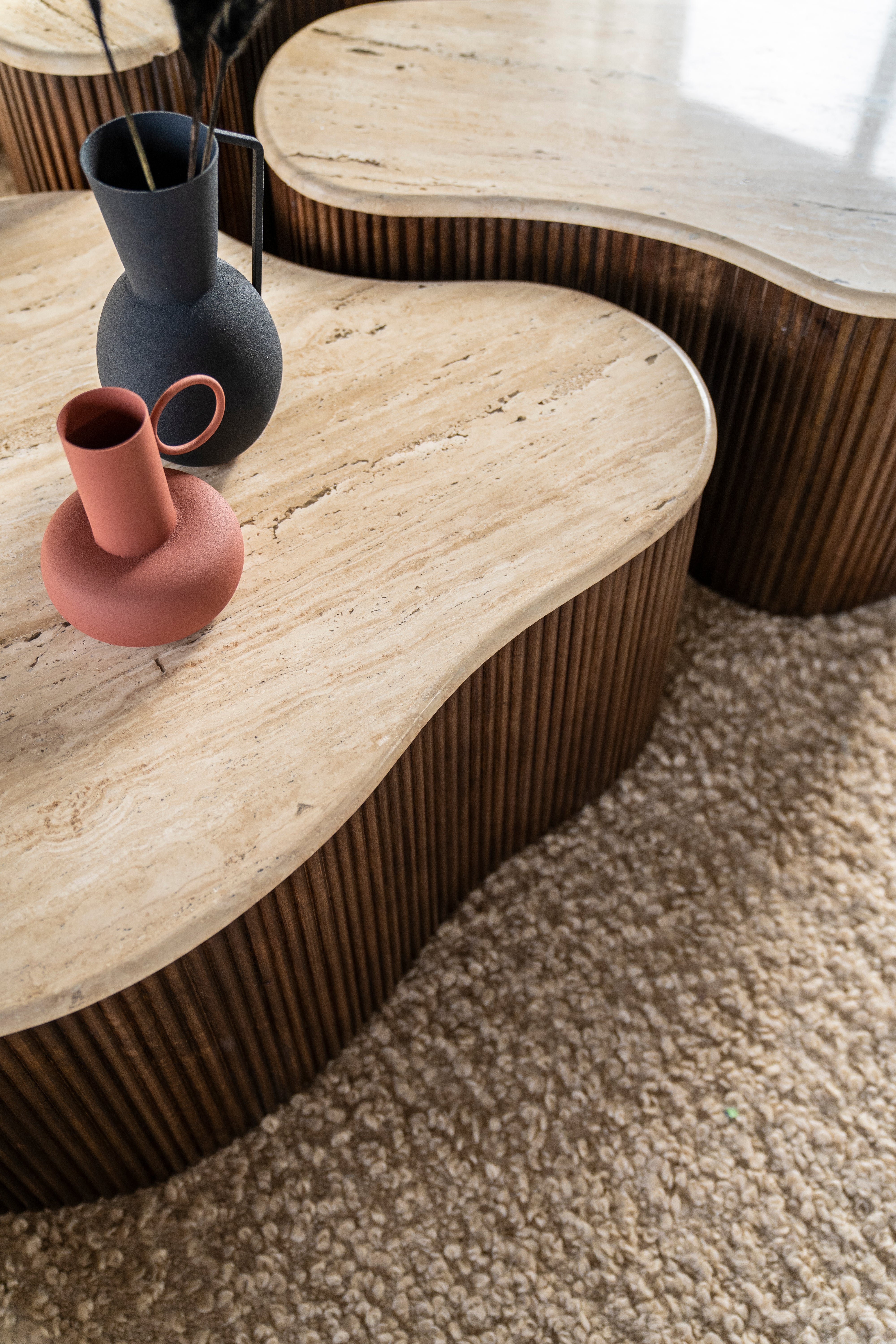 MARI coffee table made of mango wood with a travertine top