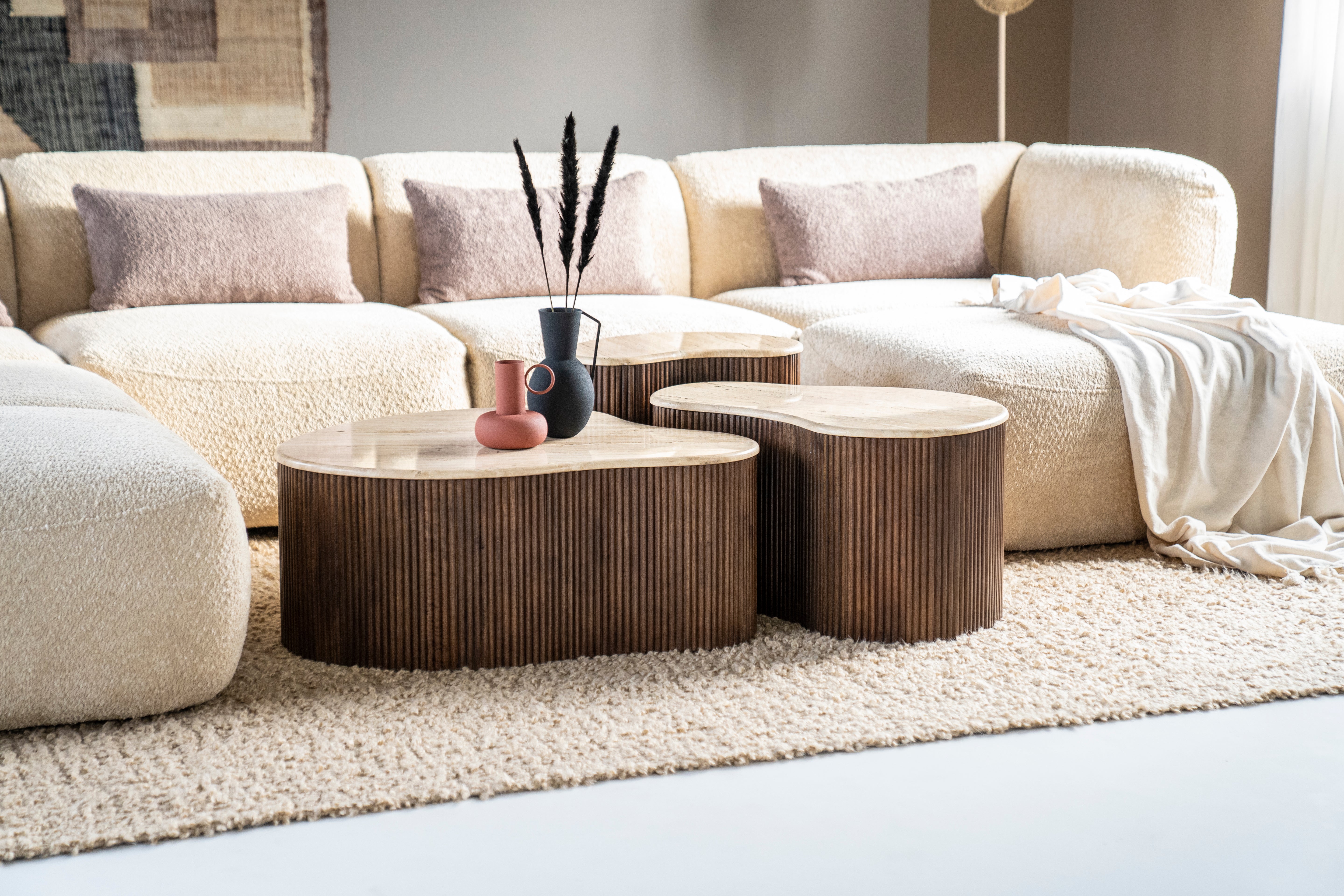 MARI coffee table made of mango wood with a travertine top